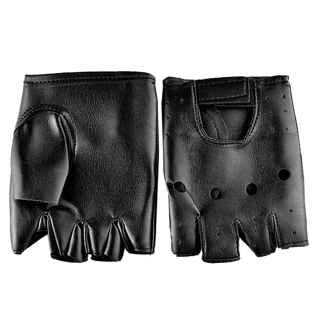 Men Faux Leather Slip-Resistant Half Finger Fingerless Gloves Hollow Out Black Driving Motorcycle Hand Wrist Mittens