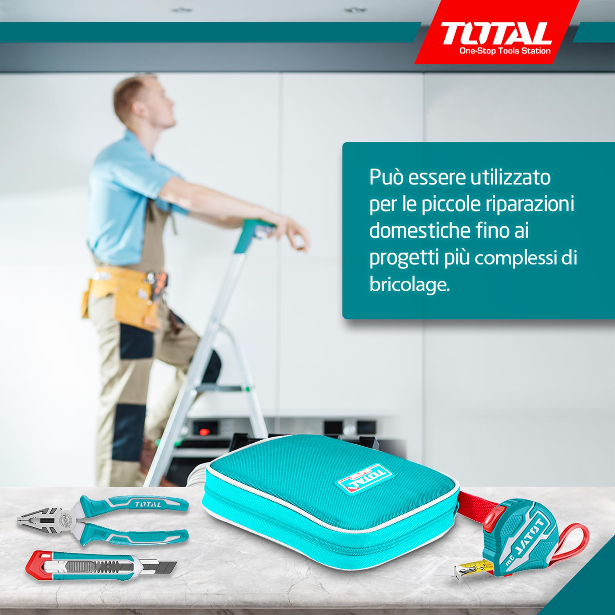Total - Set di 9 Attrezzi in Custodia di Tela - Metro a Nastro, Cacciaviti, Chiave Regolabile, Pinze, Cutter e Mini Martello - Kit di Utensili Perfetto per Casa, Auto o Progetti