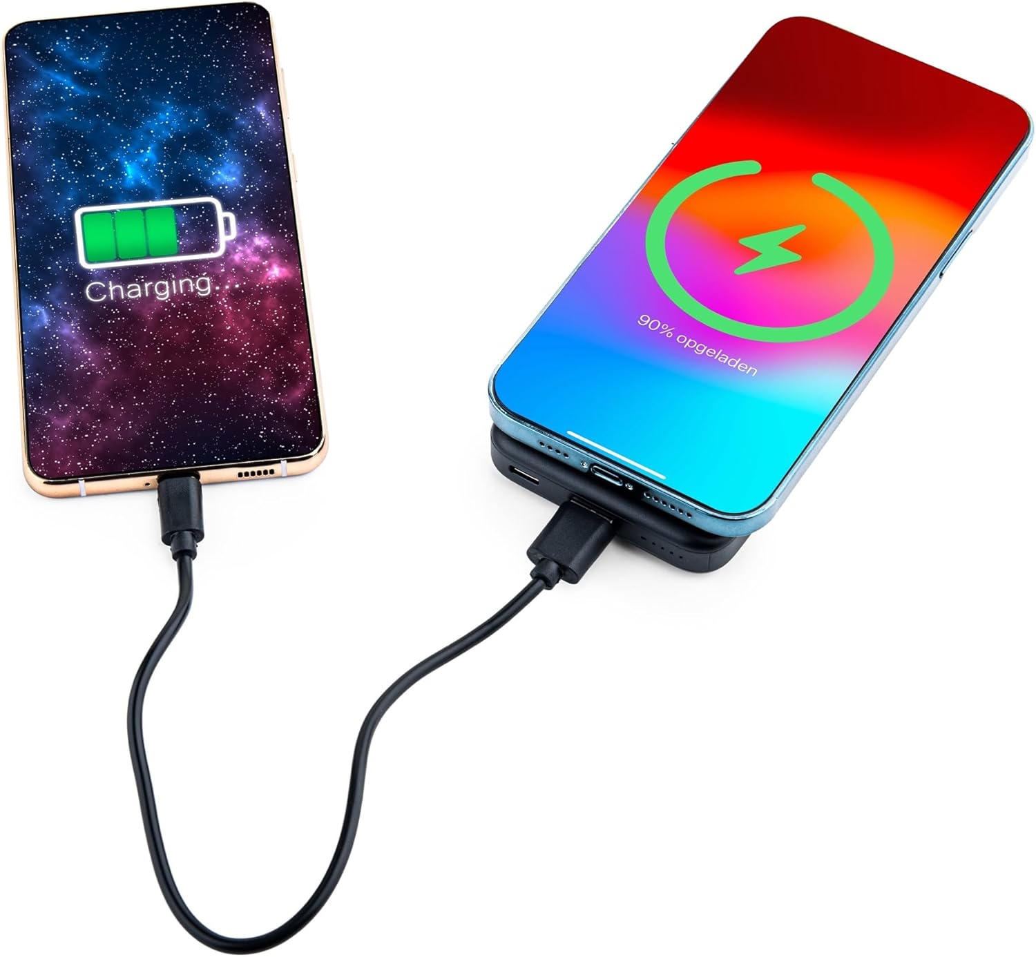 Two smartphones charging simultaneously from the MOJOGEAR powerbank, one wirelessly and one via USB cable