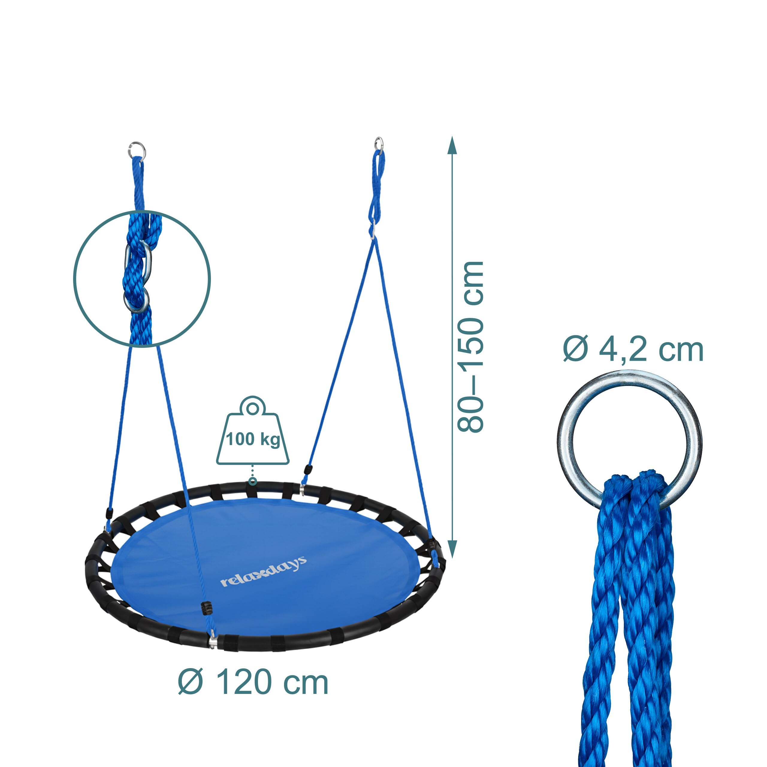 Relaxdays Okrągła huśtawka wisząca, dla dzieci i dorosłych, regulowana, na zewnątrz, Ø: 120 cm, do 100 kg, niebieska