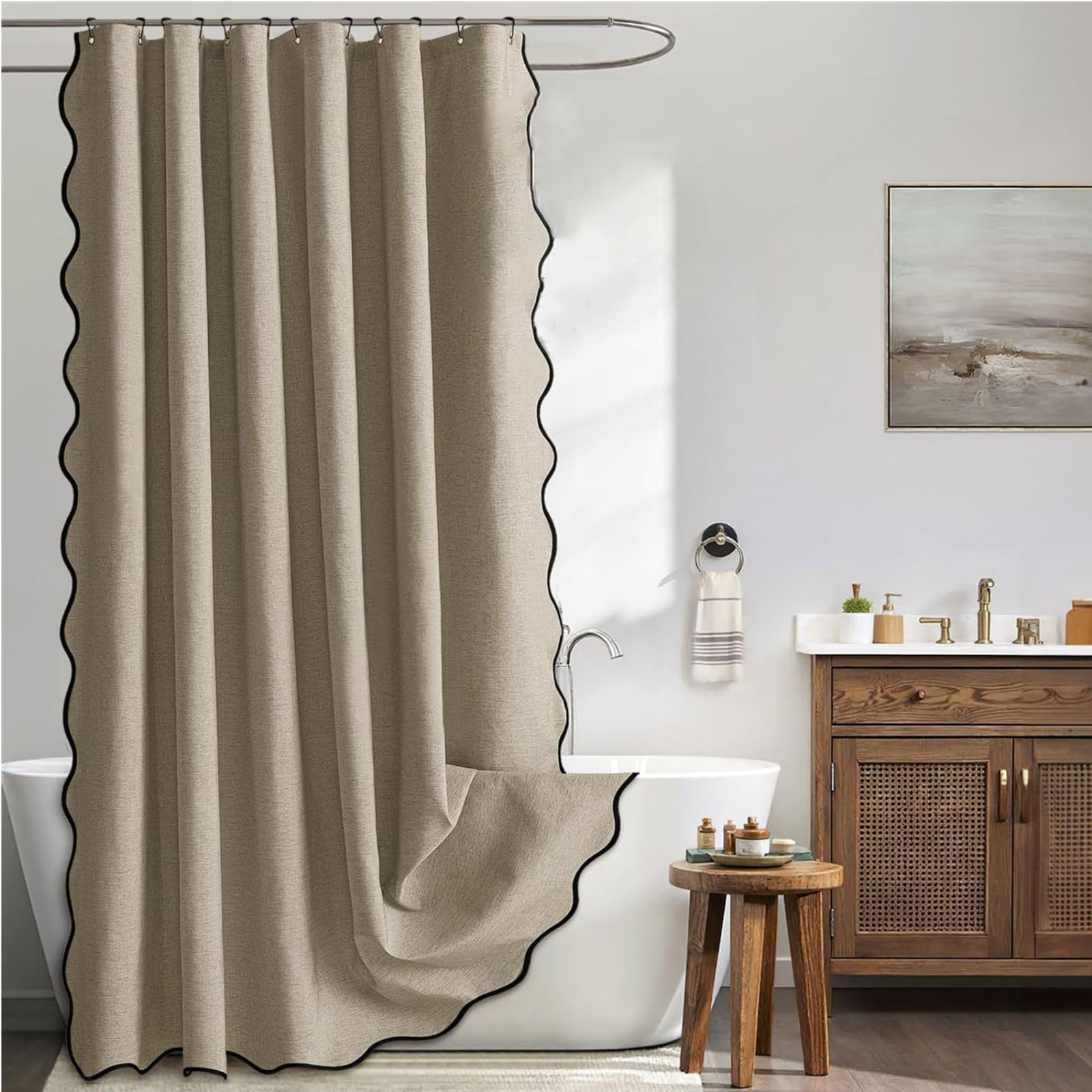 Linen Shower Curtain With Scalloped Edge,Waterproof Bathroom Curtains