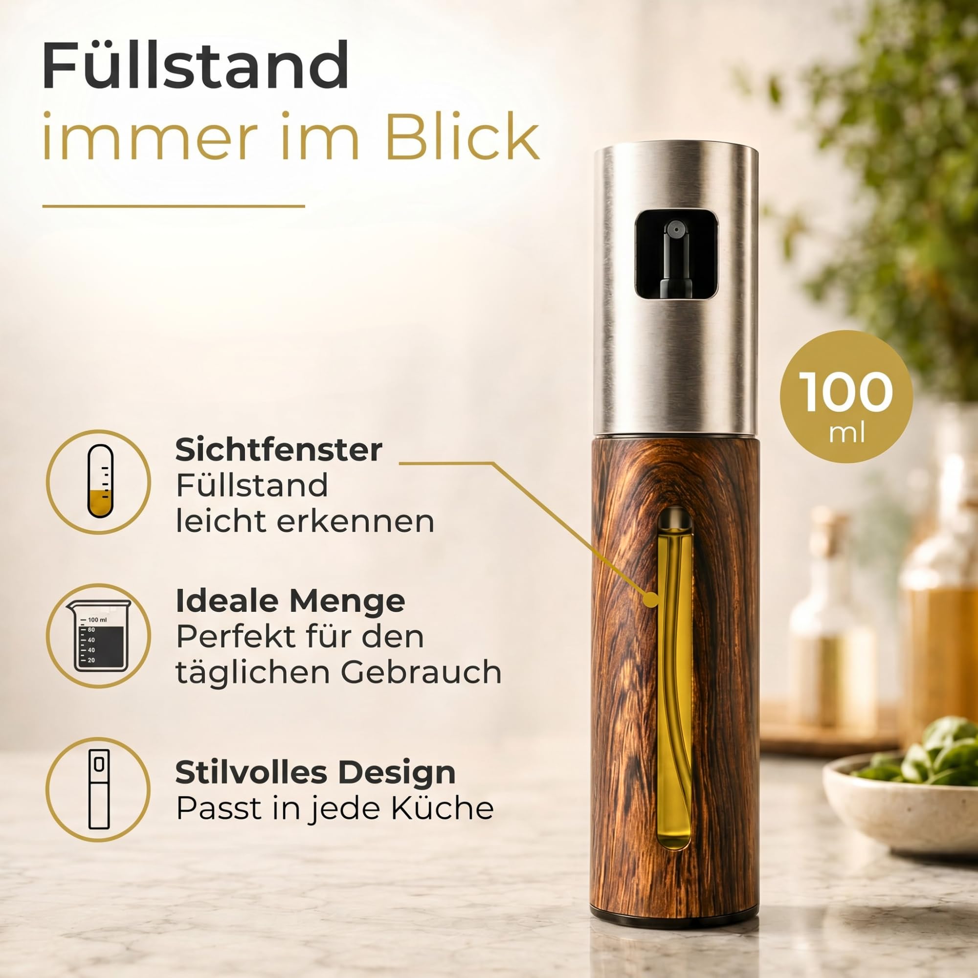 Ölsprüher [Edelstahl, 100ml] – Öl Sprühflasche für präzise Dosierung – Ölspray für Airfryer & Heißluftfritteuse – Sprühflasche Öl für Speiseöl & Essig – Oil Sprayer (DARK EDITION)
