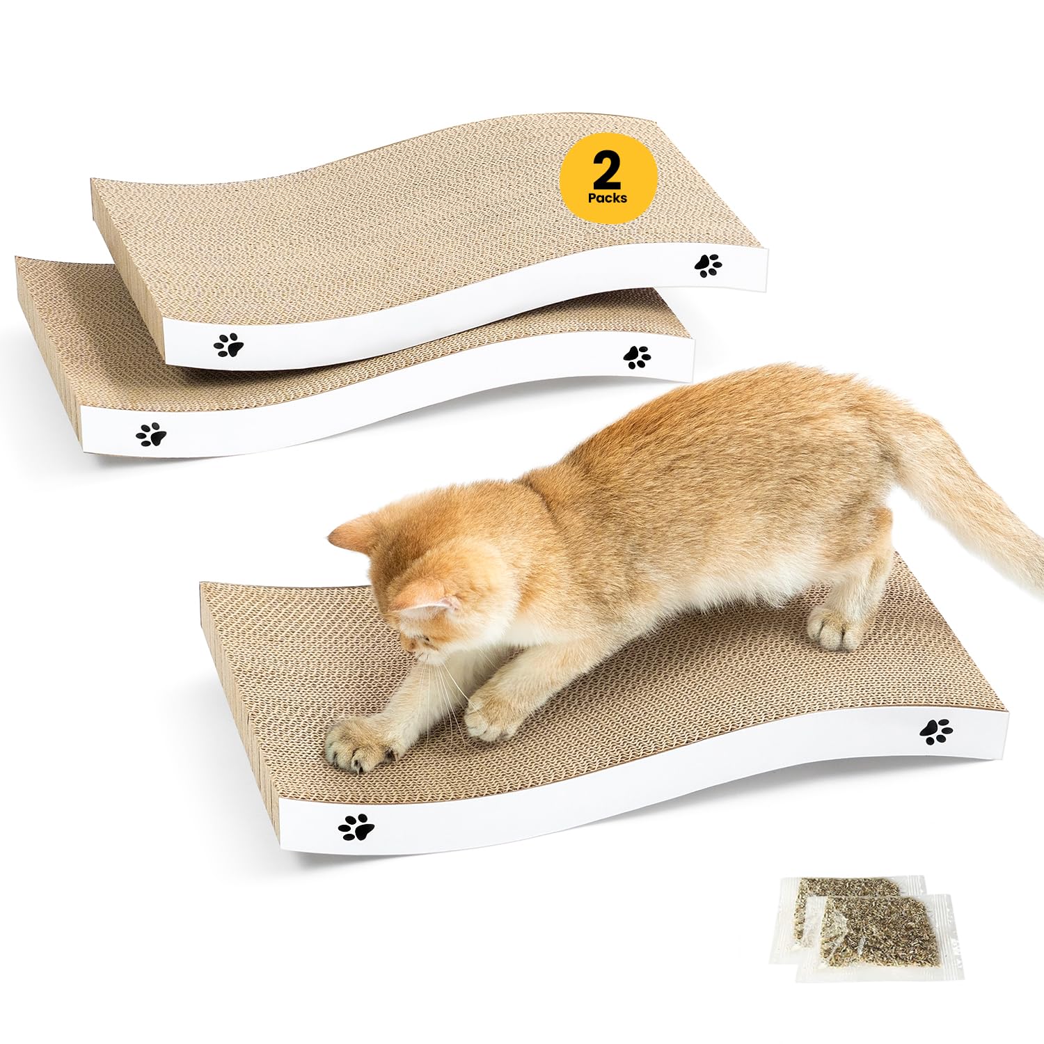 Cat Scratching Board, Durable Scratch Pad, Corrugated Cardboard Cat Scratcher for Indoor Cats, Heavy Duty, Double-Sided Usability, Recyclable with Catnip, Large, 2 Pack