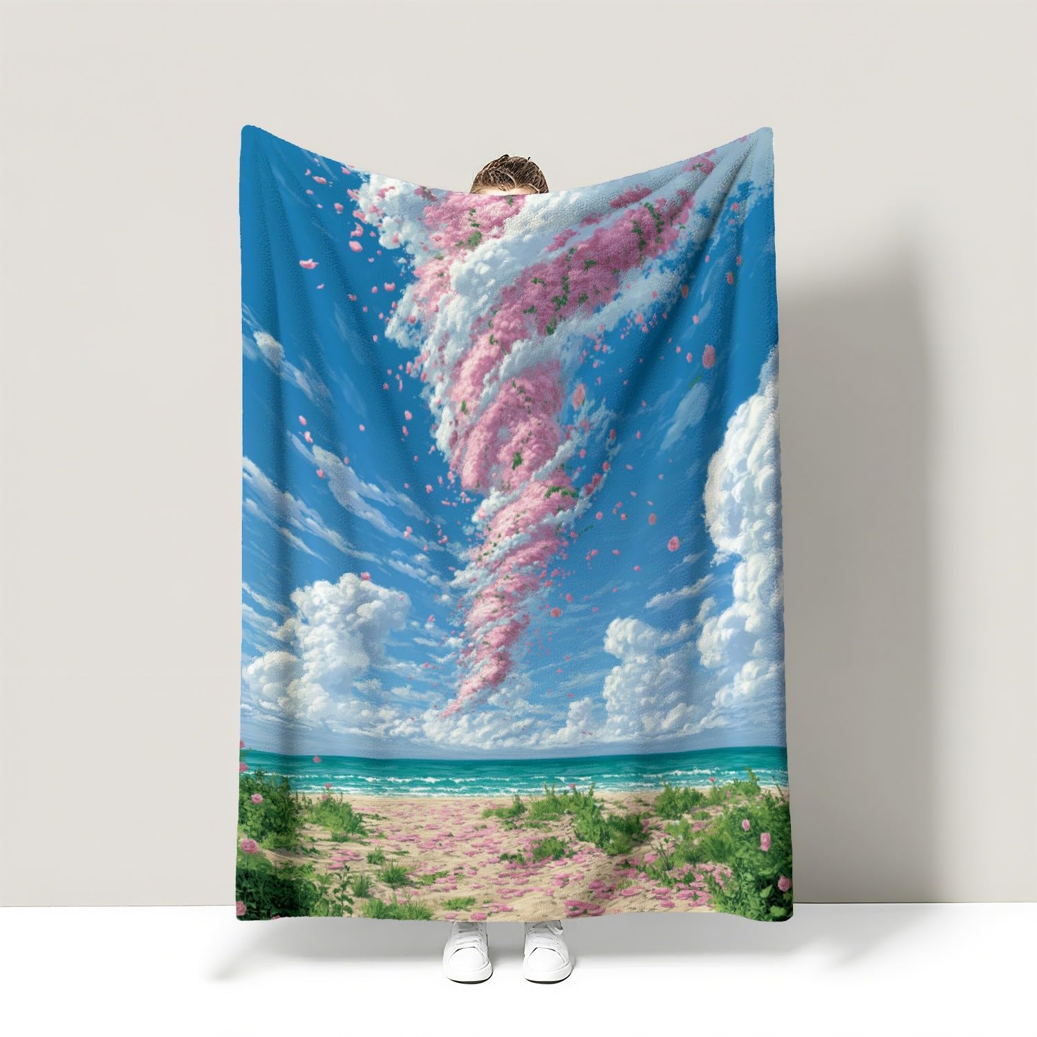 Genérico Manta de Franela Manta de Cama de Doble Cara y Extra Gruesa Frazada de Sofá Ligera y Suave al Tacto Mullida y Térmica 200 x 240 cm Romántico Paisaje Viento Rosa