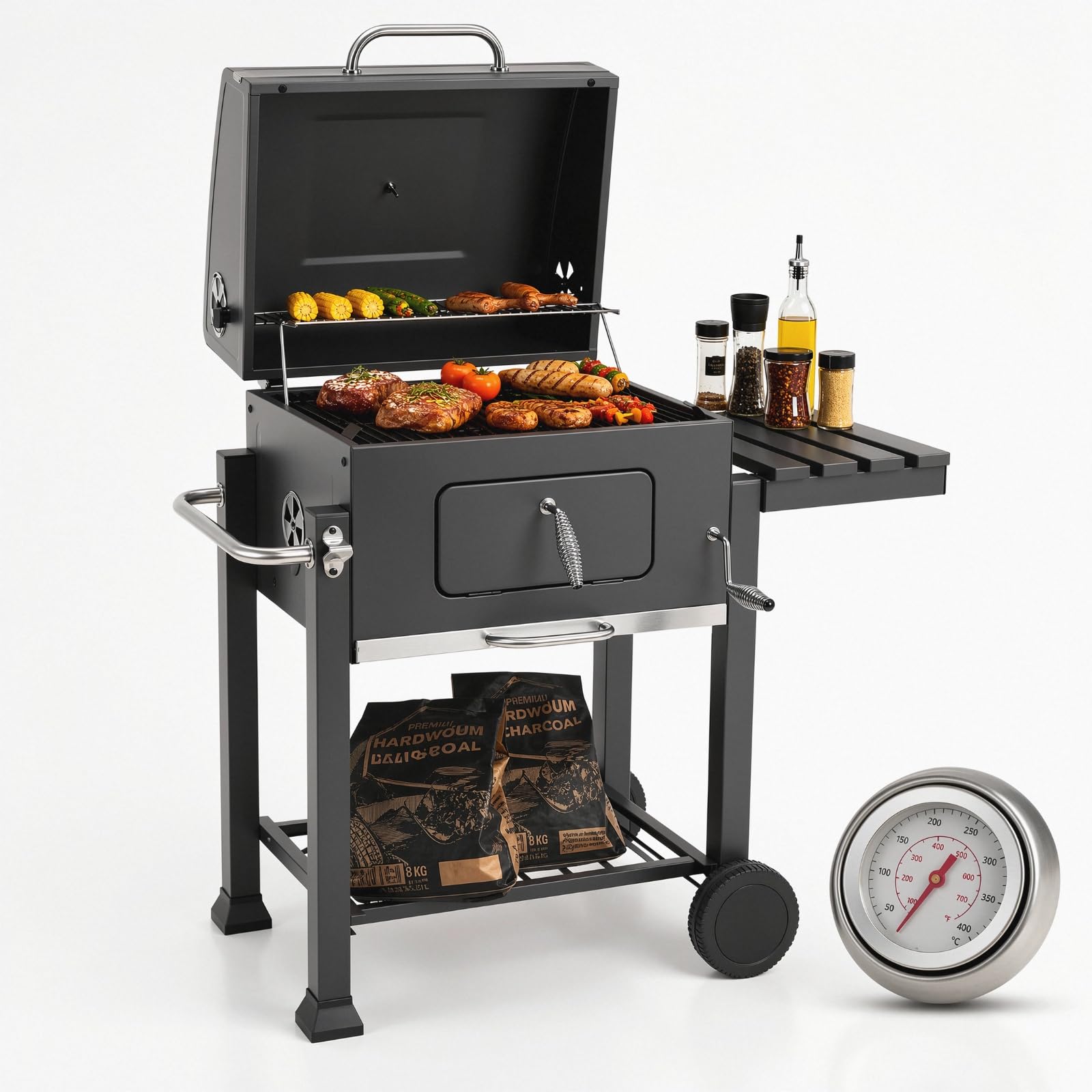 TLGREEN Holzkohlegrill mit Deckel, Thermometer, 2 Räder, Emaille & Verchromtes Grillrost, Aschekasten Holzkohle, Höhenverstellbar Grillwagen, 124x56x140cm, BBQ Smoker für Garten, Camping, Grau