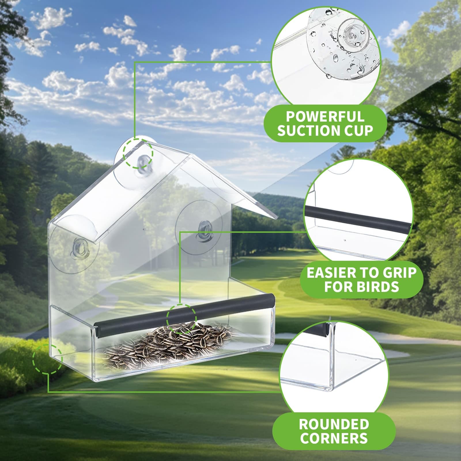 Window Bird Feeder Transparent with Super Suction Cup, Detachable Tray with Drainage Hole, Wild Bird with Roof Windproof and Rainproof Transparent Ornamental for Gardens & Outdoor - Image 3