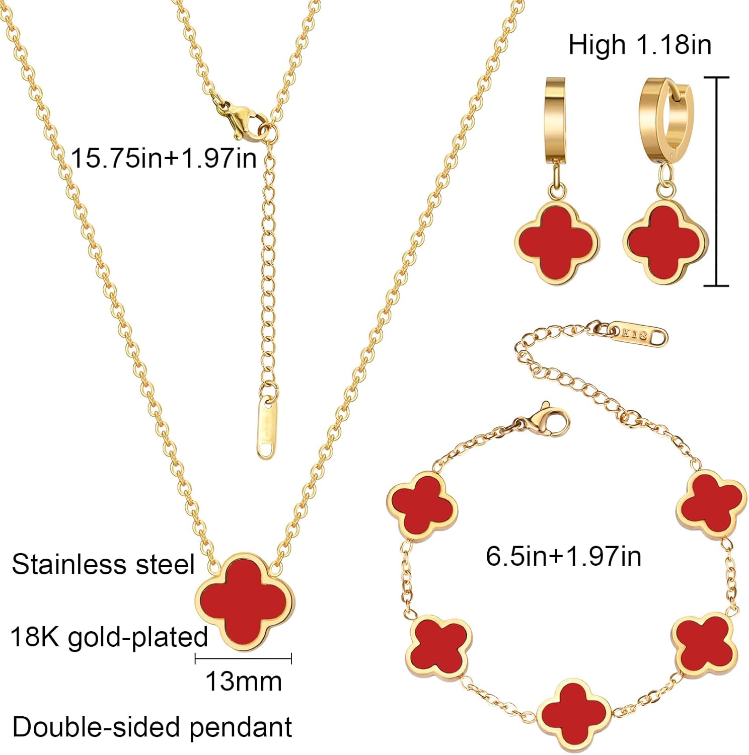 18K Gold Plated Lucky Clover Jewelry Set Black White and Red Four Leaf Clove Bracelet Necklace and Earrings Fashion Birthday Gifts for Women - Image 7