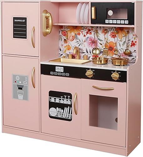 Miniatura 4 de Juego de juguetes de cocina de madera con luz, juego de cocina de juguete de simulación para niños, horno de juguete para fregadero con microondas,