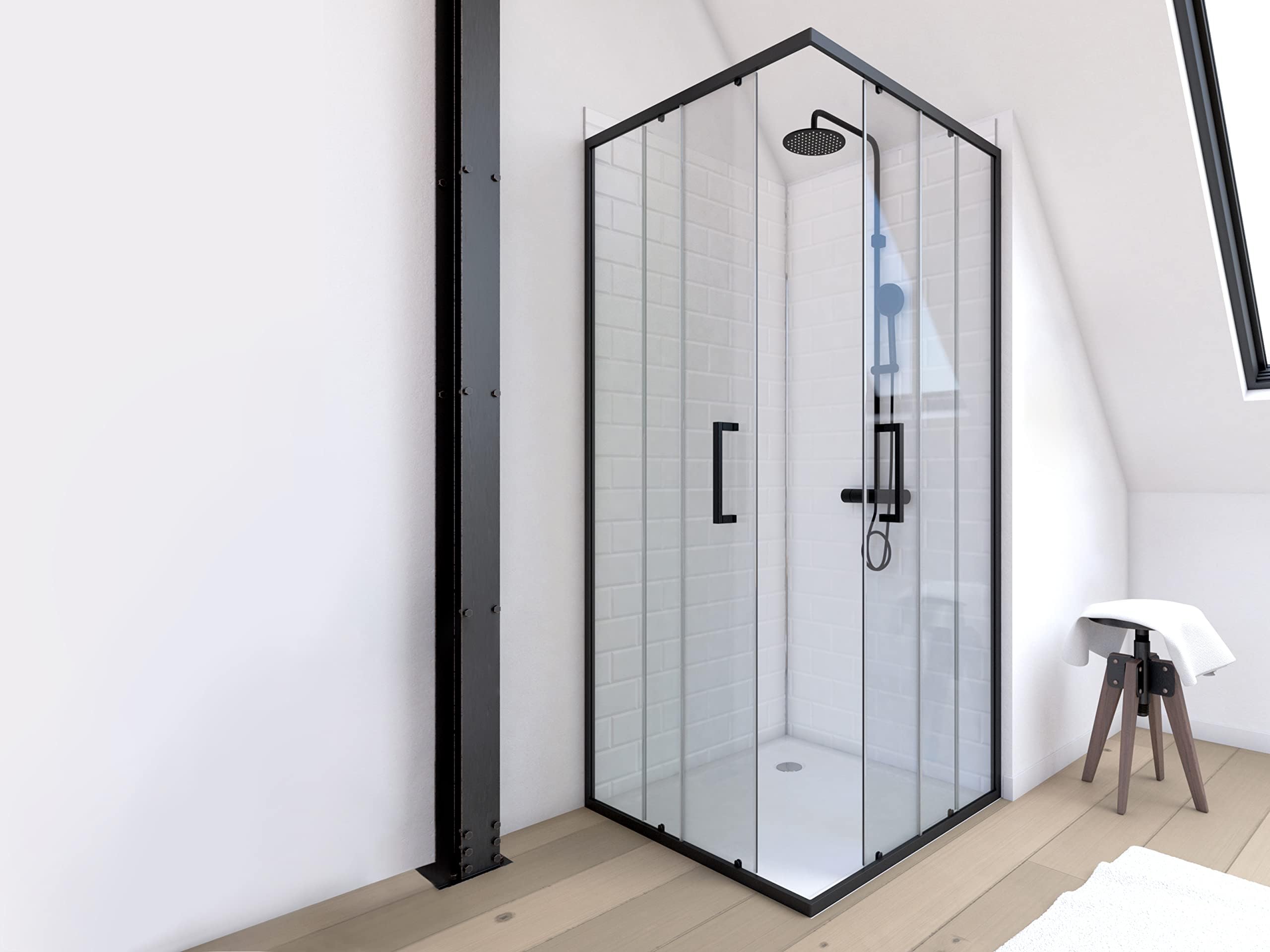 MARWELL Factory kabina prysznicowa 90 x 90 x 200 cm – prysznic narożny z matową ramą aluminiową w kolorze czarnym – kabina prysznicowa z drzwiami przesuwnymi