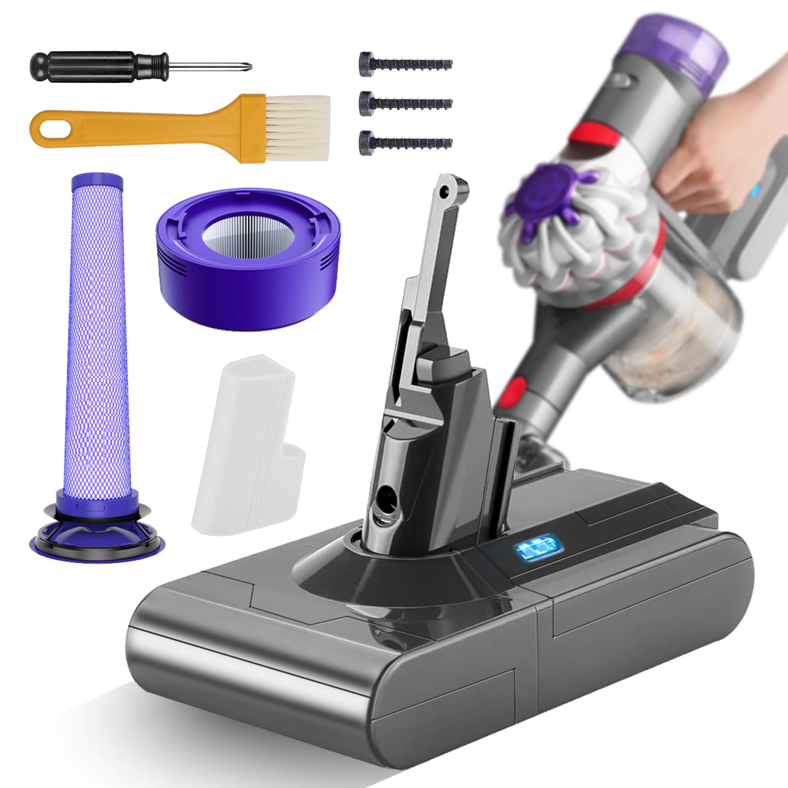 Battery for Dyson V8 / Absolute/Animal/Fluffy/Motorhead/Absolute Pro SV10 cordless vacuum cleaner charger handheld vacuum cleaner replacement battery with large capacity (2 post filter)