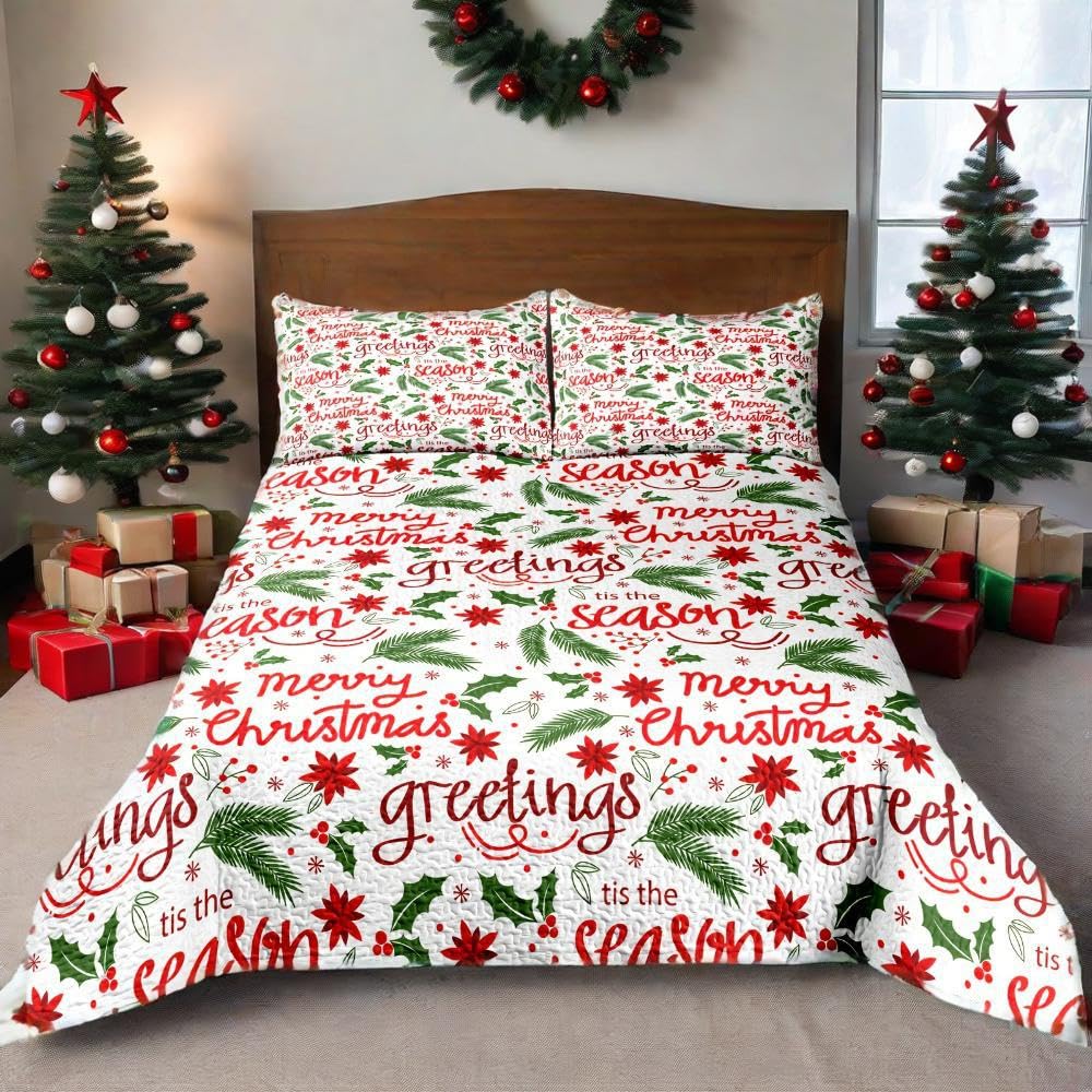 Leaves Berry Weihnachts-Steppdecken-Set für King-Size-Bett, 3-teilig, leichte Bettdecke mit Kissenbezügen für alle Jahreszeiten (Blätter, Kingsize-Bett (228,6 x 264,2 cm)