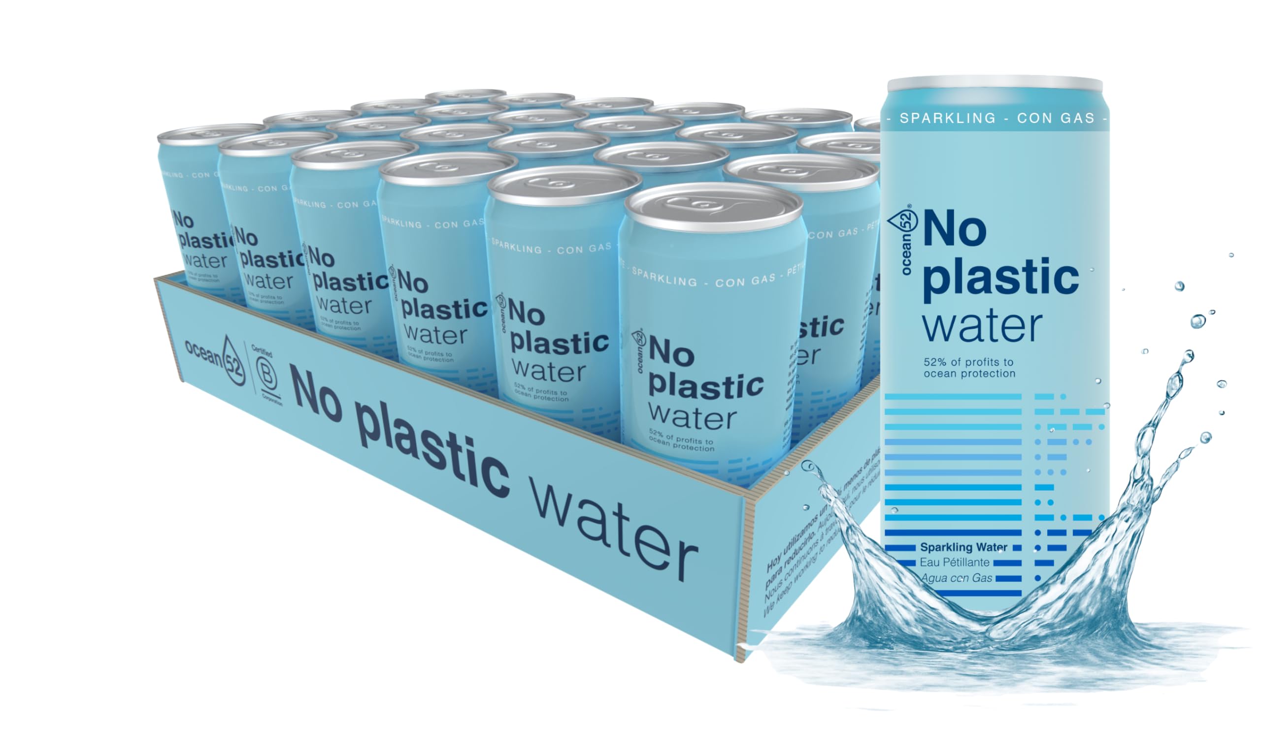 Agua con gas en lata No Plastic Water de Ocean52. Agua Mineral con gas - Pack 24 unidades x 33cl. Agua con gas en pack de 24 latas de 33cl. Agua mineral con gas en lata.