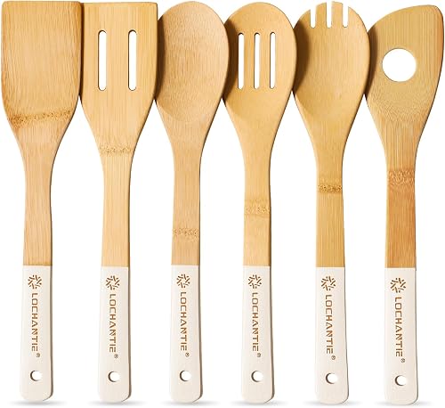 Wooden Spoons for Cooking Bamboo Utensils Set (6 Pieces) - Essential Tools Wooden Spatula & Spoons for Everyday Stirring, Mixing, Flipping & Serving, Gentle on Nonstick Cookware, White