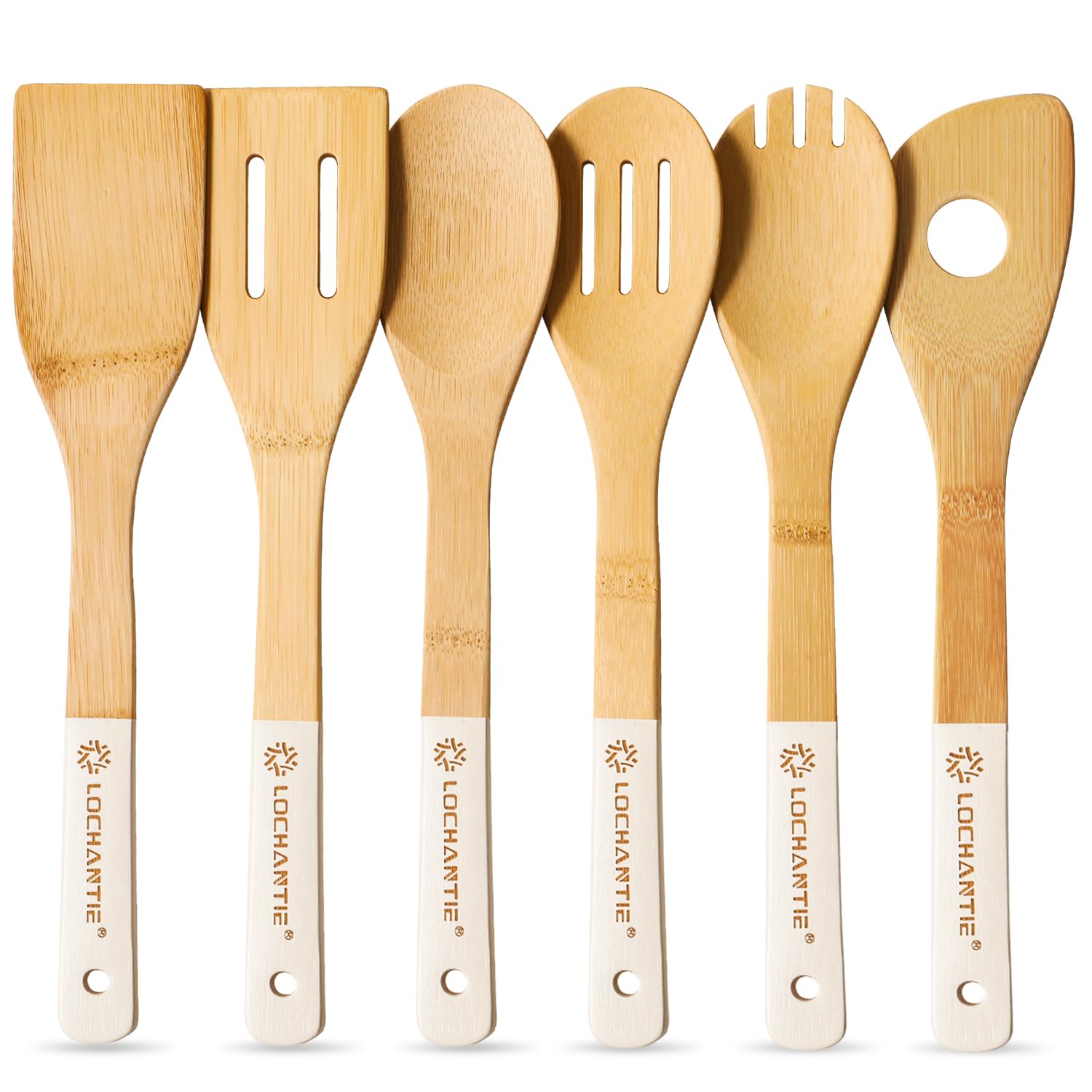 View 1 of Wooden Spoons for Cooking Bamboo Utensils Set (6 Pieces) - Essential Tools Wooden Spatula & Spoons for Everyday Stirring, Mixing, Flipping & Serving, Gentle on Nonstick Cookware, White