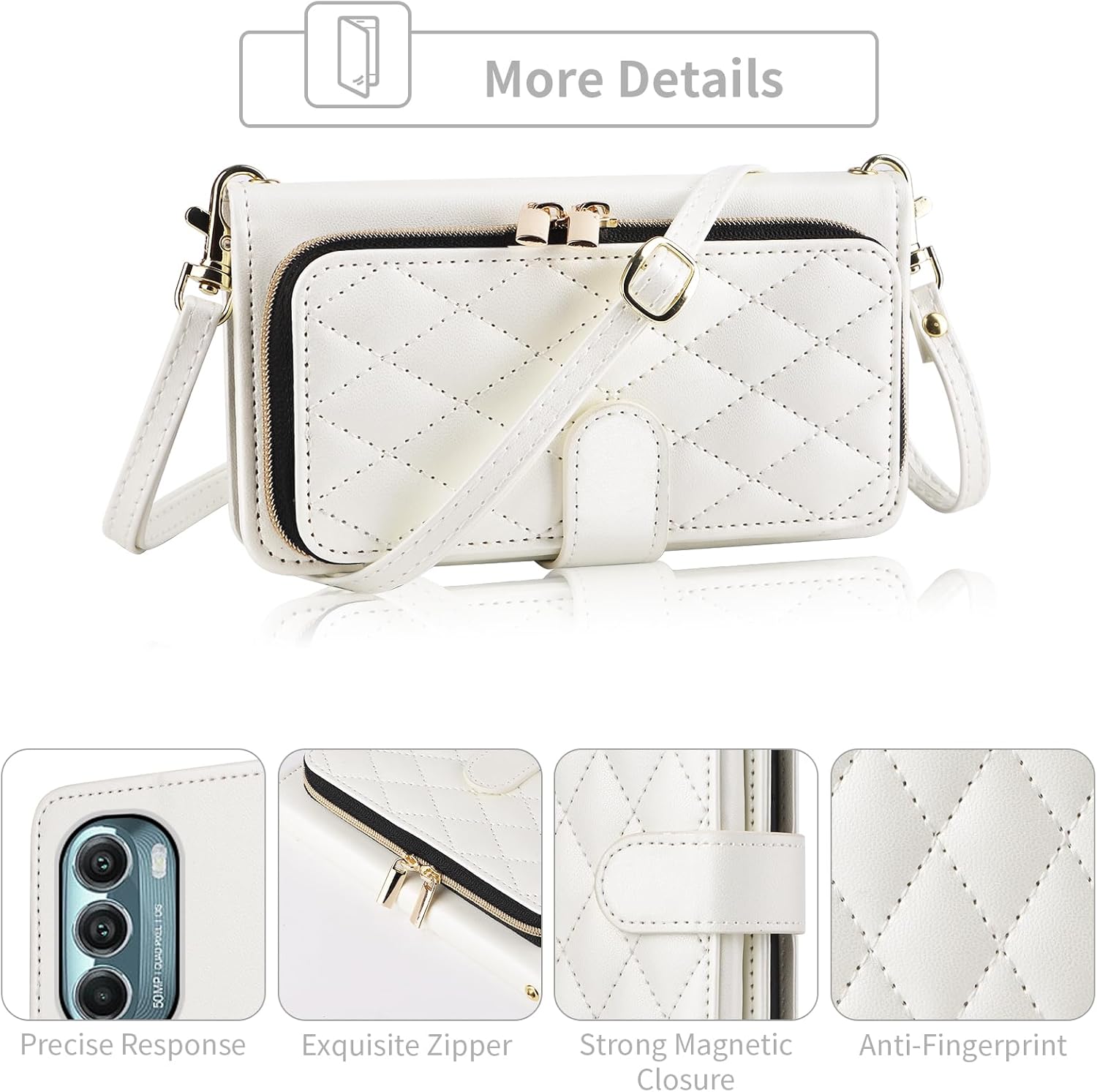 Argyle Wallet Case for Motorola Moto G 5G 2022 with Wrist Strap Shoulder Strap, 9+ Card Slots Zipper Purse, Luxury PU Leather Stand Phone Cover for MotoG G5G 2022 XT2213-3 XT2213-2 White