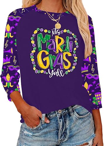 Mardi Gras Shirts for Women: Carnival Graphic 3/4 Sleeve New Orleans Mardi Gras 
