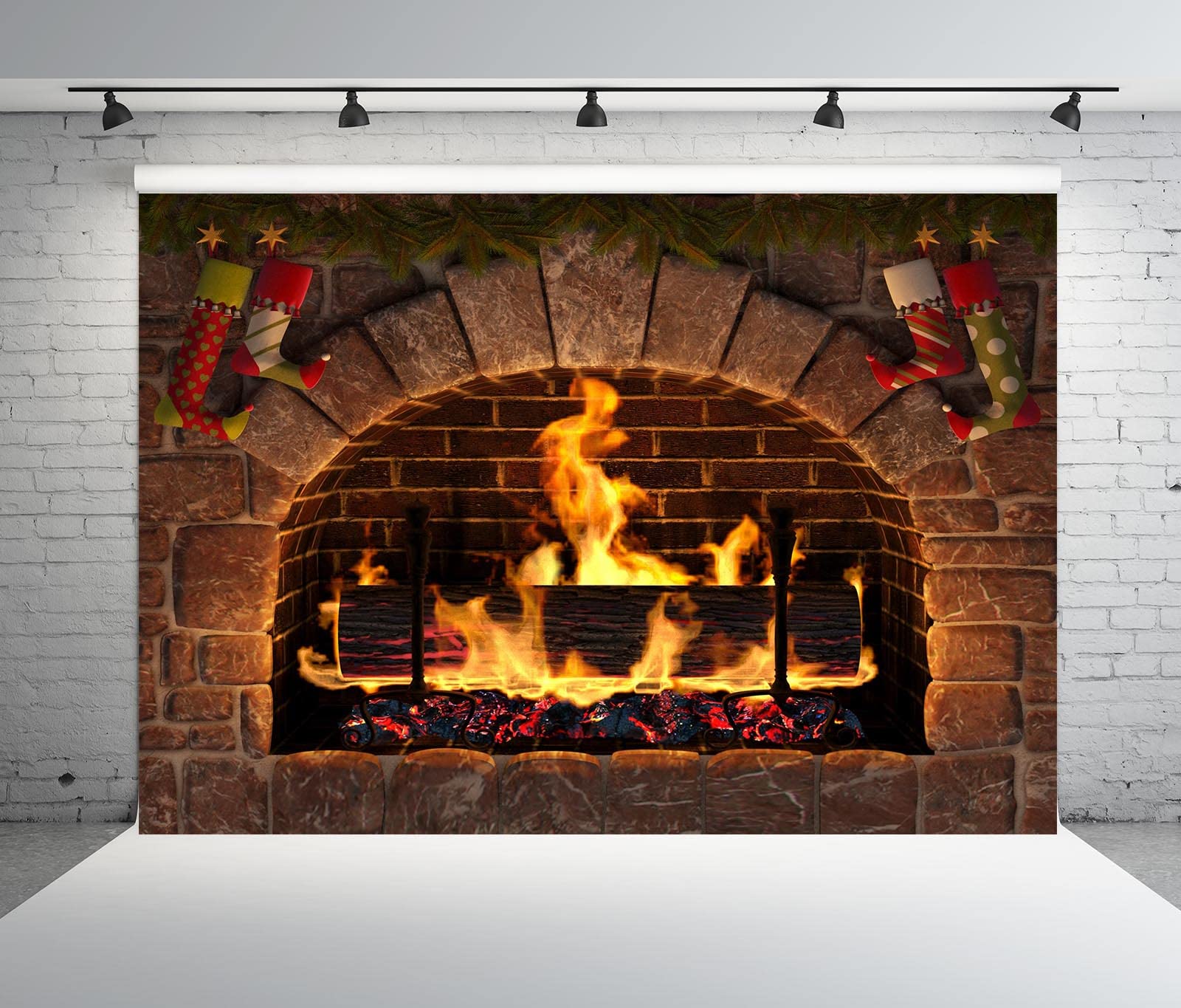 BELECO 5x4ft Fabric Christmas Fireplace Photography Backdrop Vintage Stone Fireplace Xmas Stocking Decorations Burning Firewoods Fireplace Background