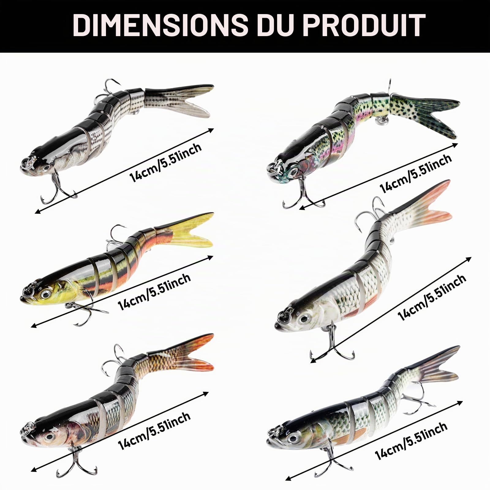 Lot de 6 Leurres de Peche Artificiels, Article de Peche pour Brochet, Leurres Realistes pour Sandre, Perche, Truite, Swimbait pour Eau Douce et Eau Salee