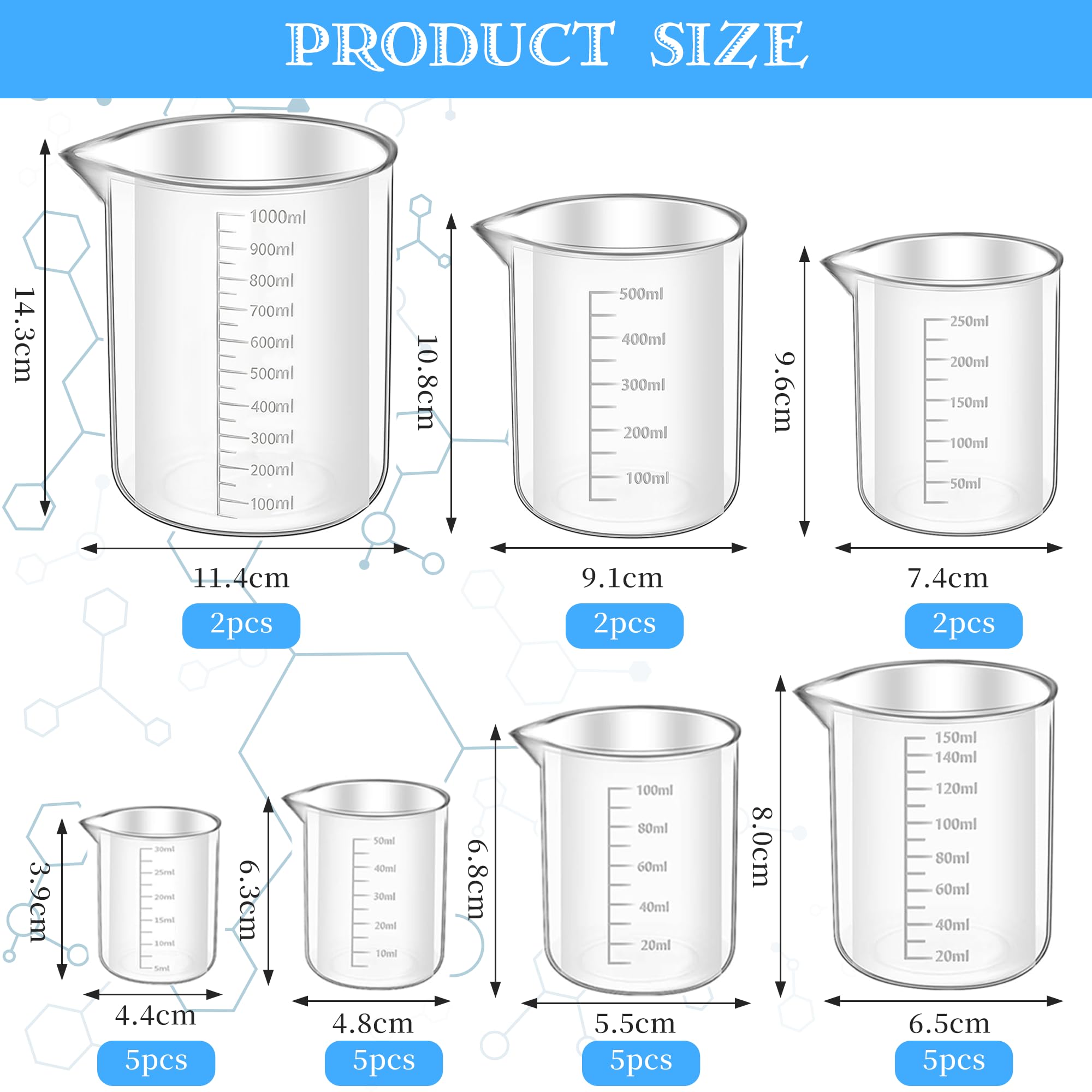 26 Stück Messbecher Set, 30ml 50ml 100ml 150ml 250ml 500ml 1000ml, Präzisions Messbecher mit Waage, Hitzebeständig Kunststoff Ml-Messbecher, für Labor Küche Backen Waschmittel Chemikalien