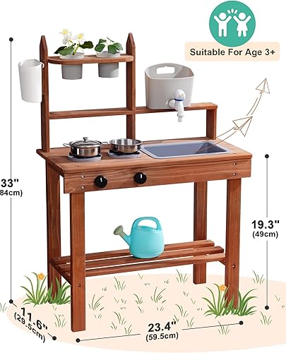 Miniatura 2 de ROBUD Cocina de barro para niños al aire libre, cocina de madera al aire libre, cocina de barro para niños con fregadero y grifo extraíbles,