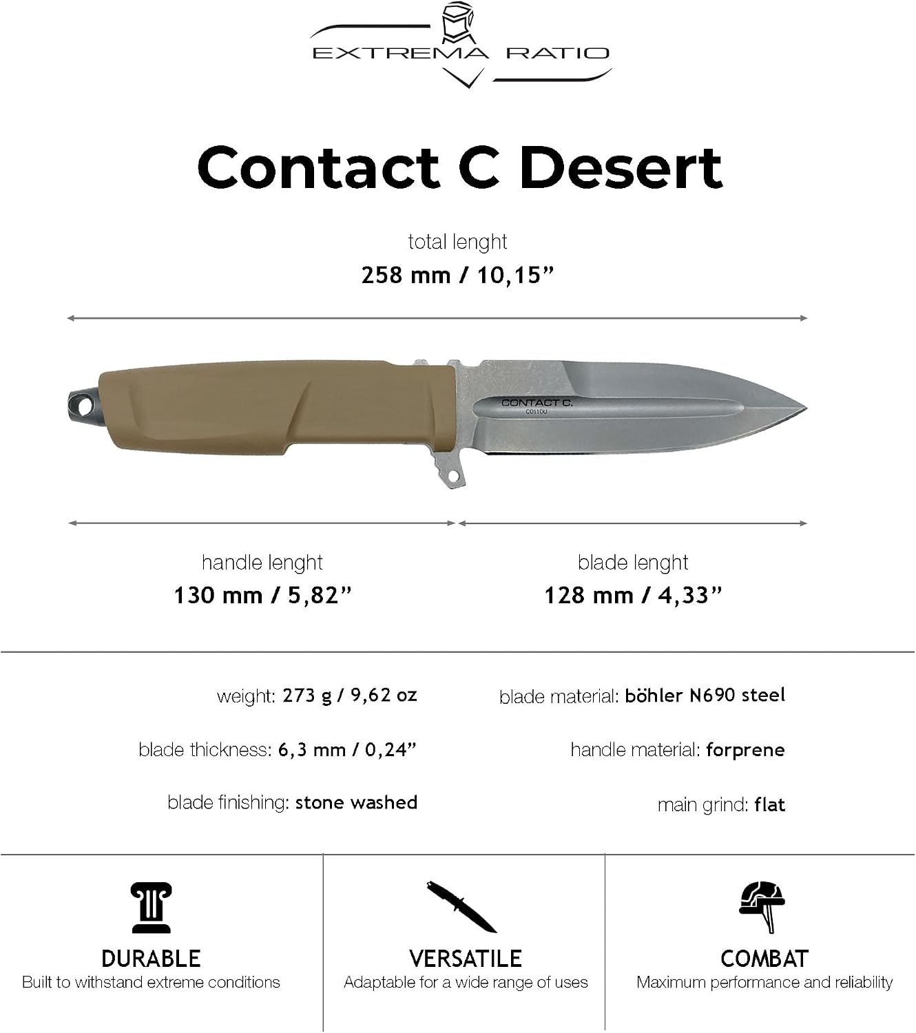 Extrema Ratio - Contact C (Desert) Fixed Blade Knife, Böhler N690 Steel Blade Hardened to 58 HRC, Stone-Washed Finish, Full-Tang Design, Ergonomic Forprene Handle, Precision Handcrafted in Italy