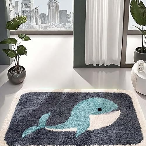 Miniatura 8 de Alfombra de baño de microfibra con diseño de ballena, alfombra de baño para niños, decoración náutica con peces y océano, antideslizante, suave,