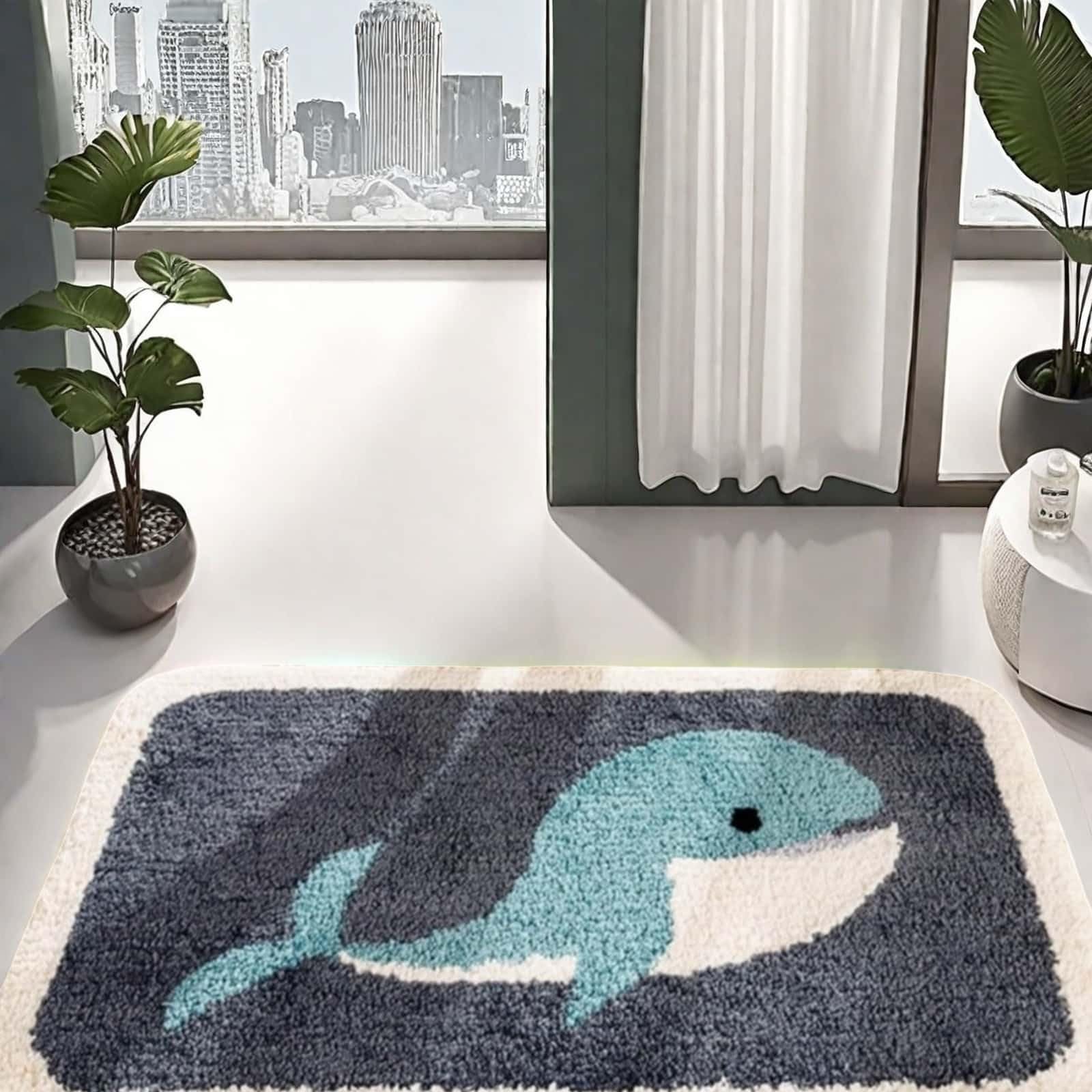 Alfombra de baño de microfibra con diseño de ballena, alfombra de baño para niños, decoración náutica con peces y océano, antideslizante, suave, absorbente, lavable a máquina, tapete de baño 8