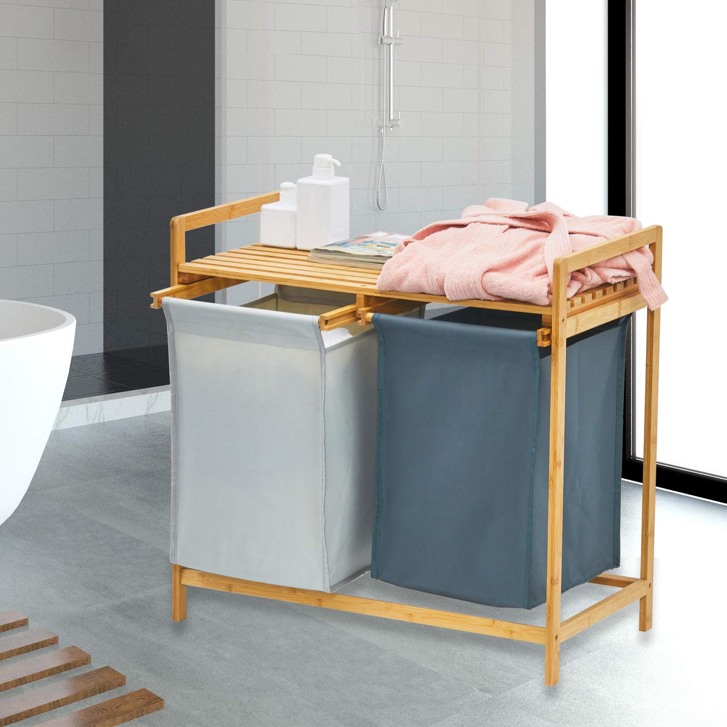 WORTHYEAH Bamboo Laundry Hamper and Shelf, Dual Compartments Laundry