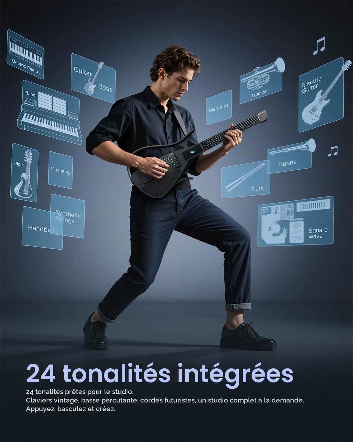 Enya CYBER-G Guitare Intelligente avec Cordes en Silicone et APP | 24 sons, haut-parleur intégré, système de batterie et accords interactifs via l'application, idéale pour débutants