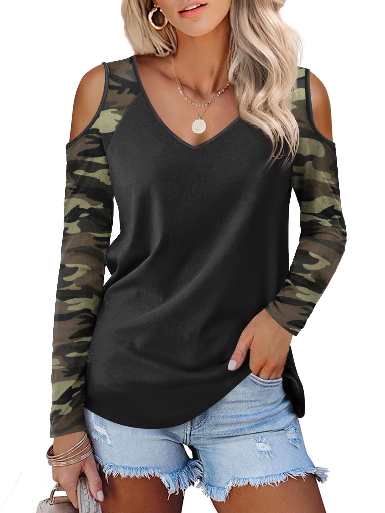 Amoretu Womens Short Sleeve Cold Shoulder Basic Tee Tops Shirts