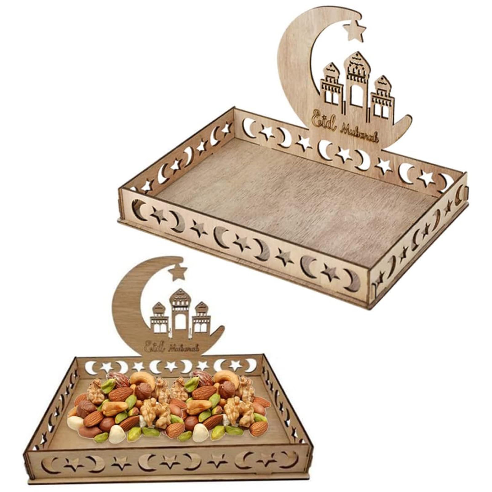 VUCATIN2PCS Ramadan Wooden Tray, Large Eid Mubarak Tray Moon and Star Ramadan Decorations Rectangle Food Serving Tray Tableware for Islamic Muslim Festival Party Decor