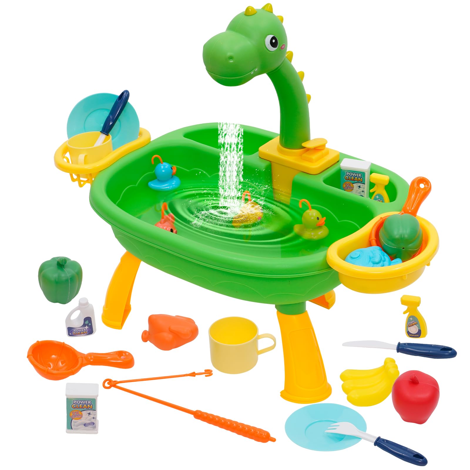 Juego de Juguetes para el Fregadero de Cocina con Ciclo del Agua, Platos y Frutas, Juguete de Pesca 2 en 1, Juego de Cocina para niños a Partir de 3 años, cocinitas de Juguetes de 24 Piezas