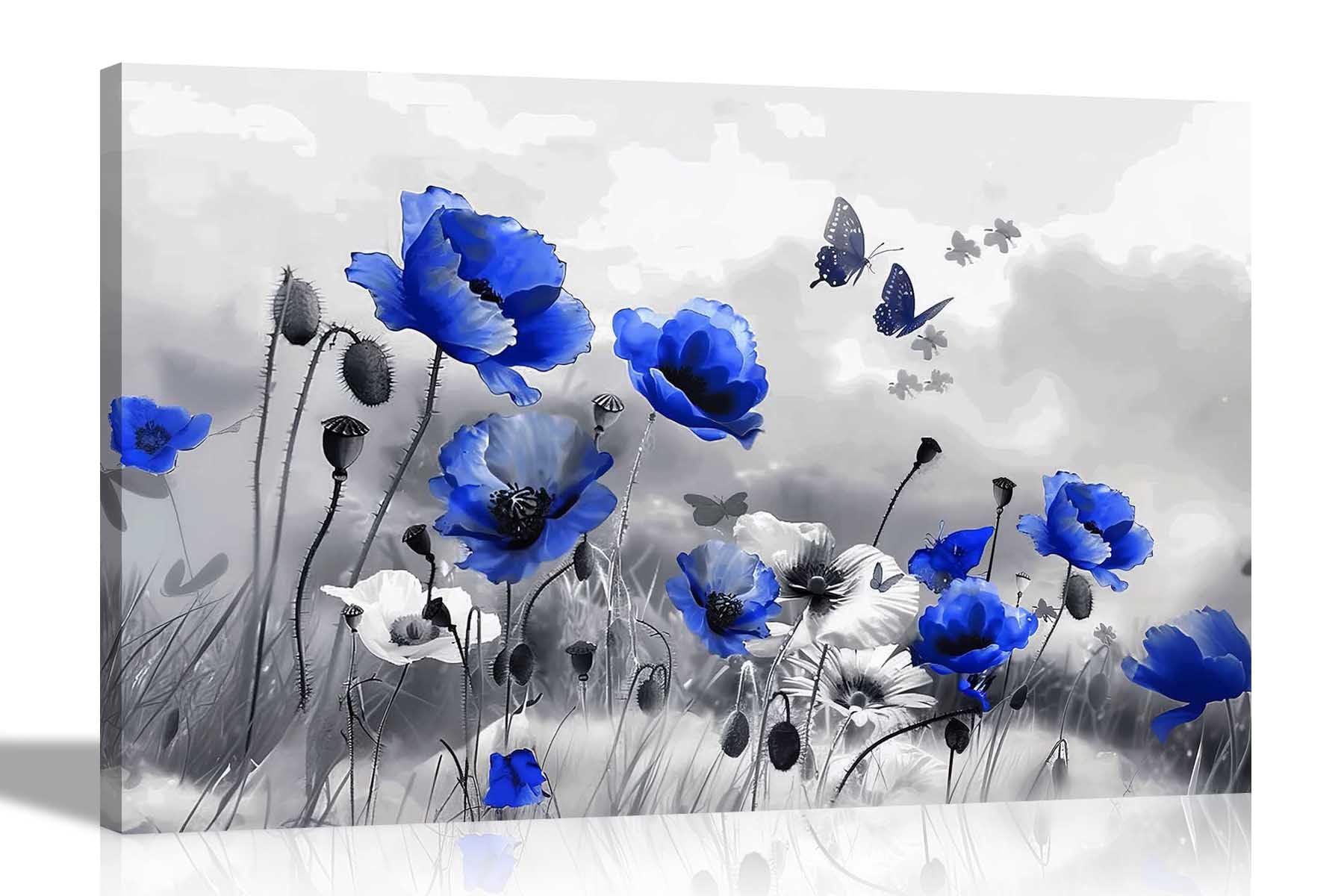 Artley Prints Blue Poppy Flowers - Abstract And Butterflies Canvas Wall Art Pictures Living Room Bedroom Hallway Prints 76 X 50Cm (30 X 20 Inches)