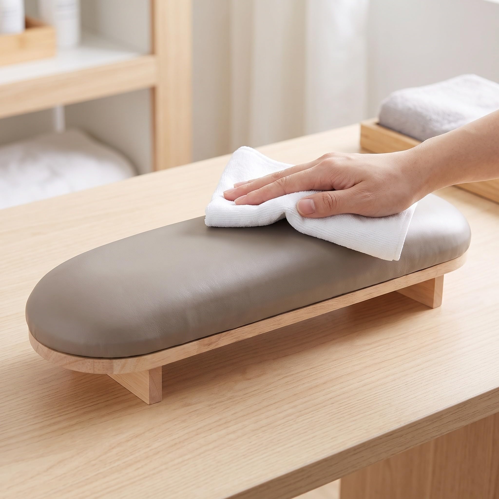 2 Pezzi Cuscino Poggiamano per Manicure a U in Legno e Cuoio