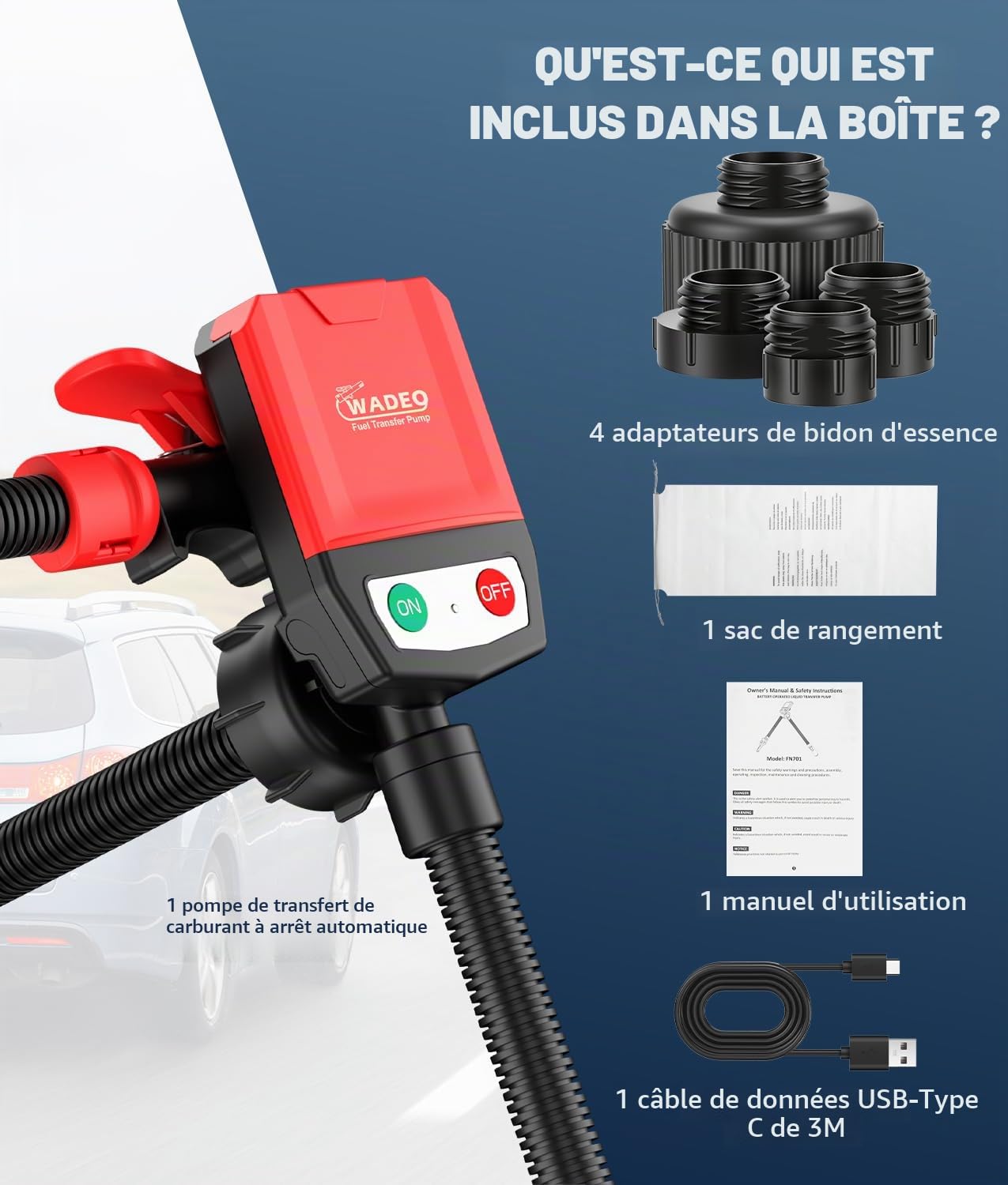 WADEO Pompe de Transfert, Arrêt Auto 15L/min, avec Câble USB de 3m, Tuyau 1.3m + 4 Adaptateurs, Pompe Portable pour Essence/Diesel/Huile/Eau pour Voiture, Tracteur, Motocyclette, Bateau