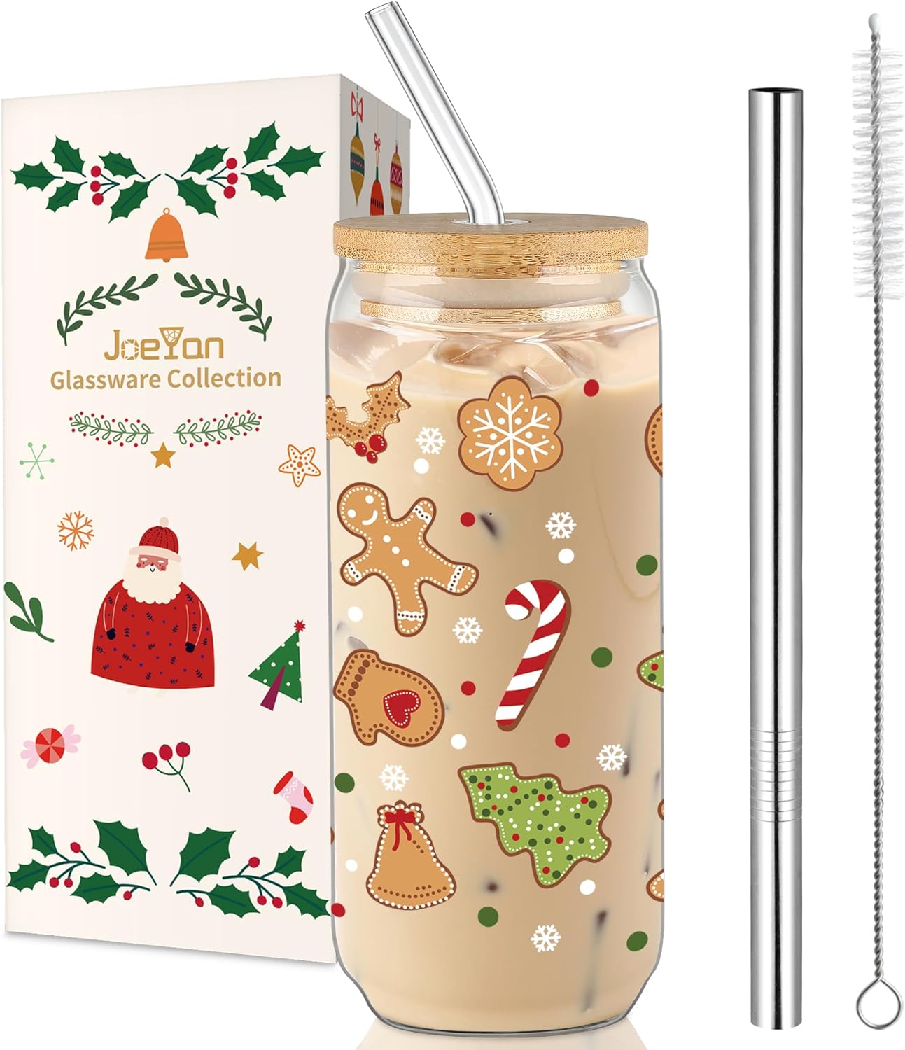 Joeyan Christmas Glass Cups,Tumbler with Lid and Straw,Holly Gingerbread Man Iced Coffee Cups,Cute Can Shaped Beer Smoothie Drinking Glasses,Aesthetic Decoration Gift For Women Mom Friend,20 oz