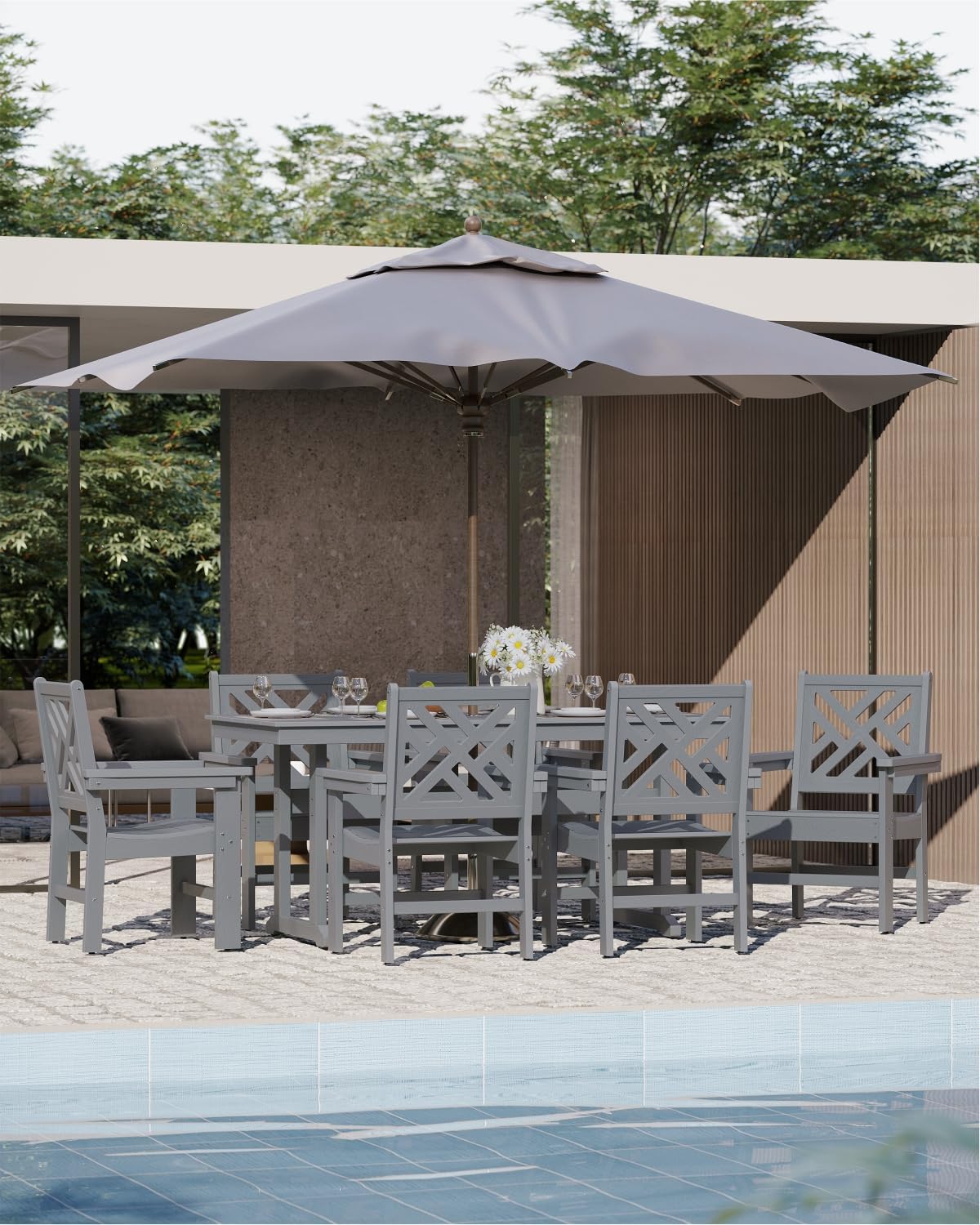 7-Piece Outdoor Dining Set, HDPE All-Weather Patio Table and Chairs Set for 6, Outdoor Patio Furniture Sets with Umbrella Hole for Outside, Deck, Backyard, Garden (Grey)