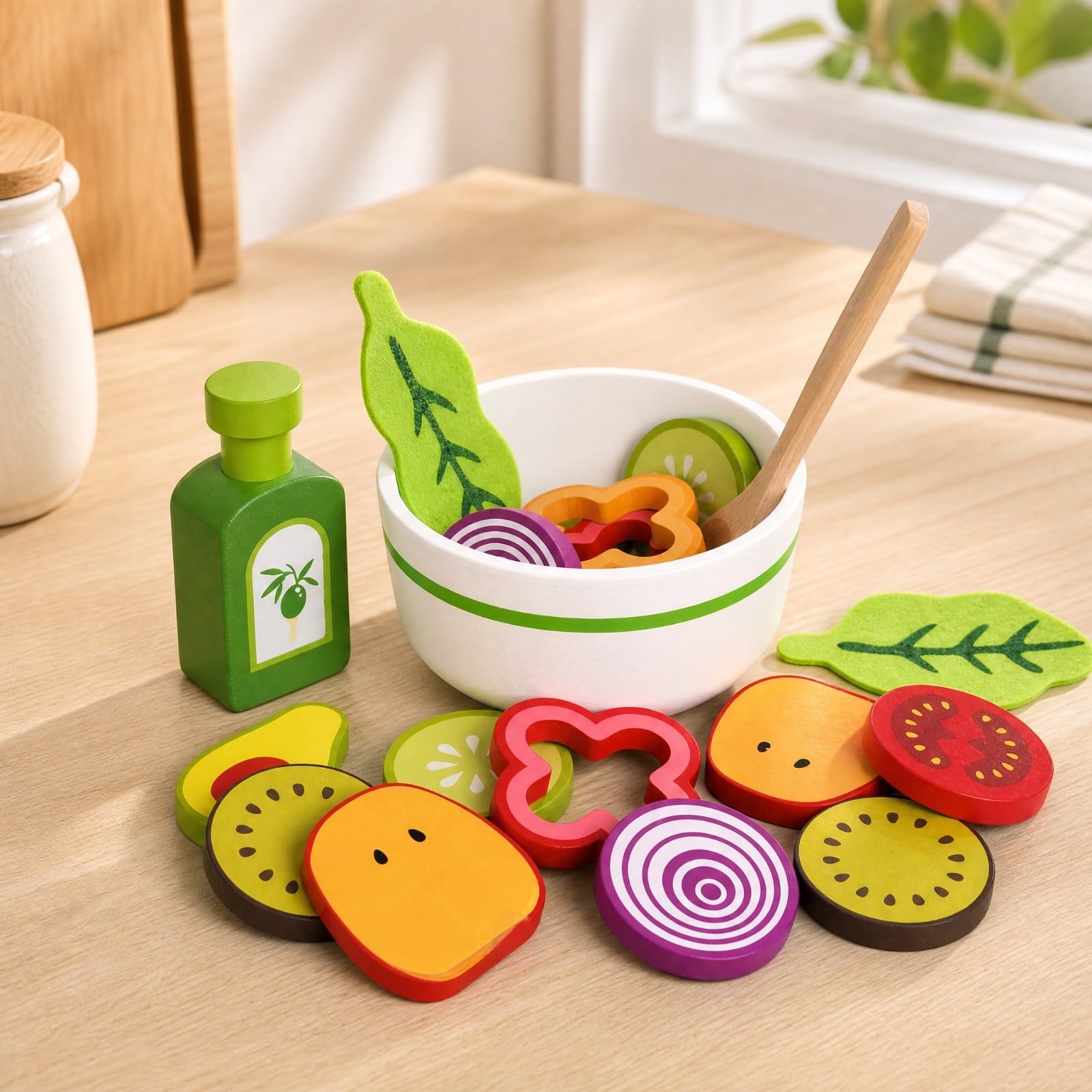Set Insalata Giocattolo con Ciotola e Cucchiaio con Pittura a Base d'Acqua Giocattolo di Ortaggi di Legno Resistente e Durevole per Bambini