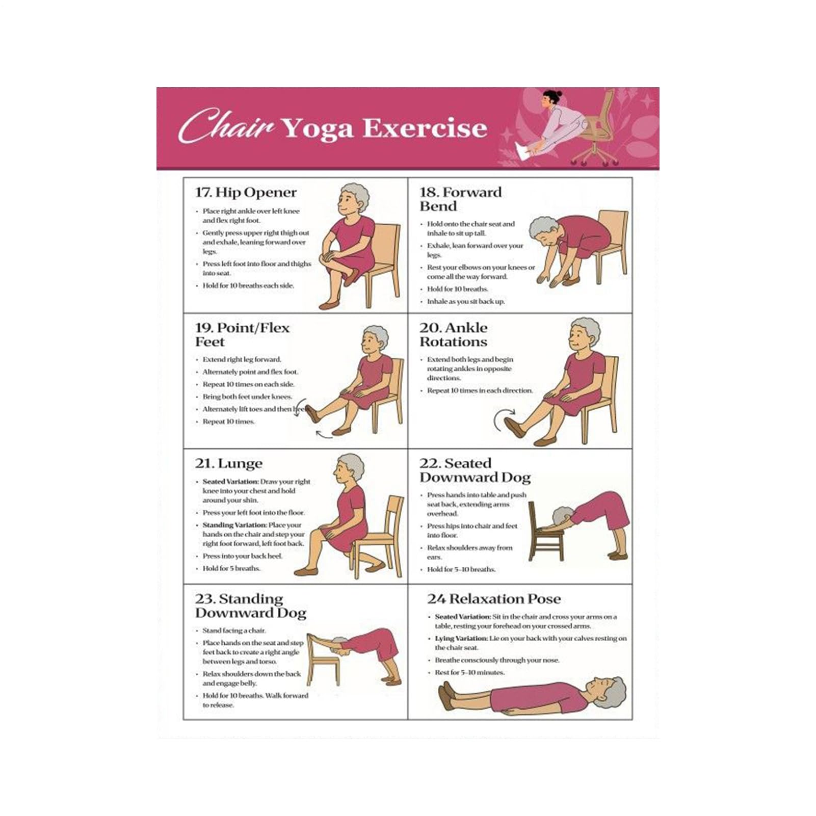 lyanny Poster da yoga per sedia – Poster da ginnastica da seduta, istruzioni (lingua italiana non garantita) , 11 pezzi, per allenamento senza foratura, per pilates, perdita di peso, casa, palestra