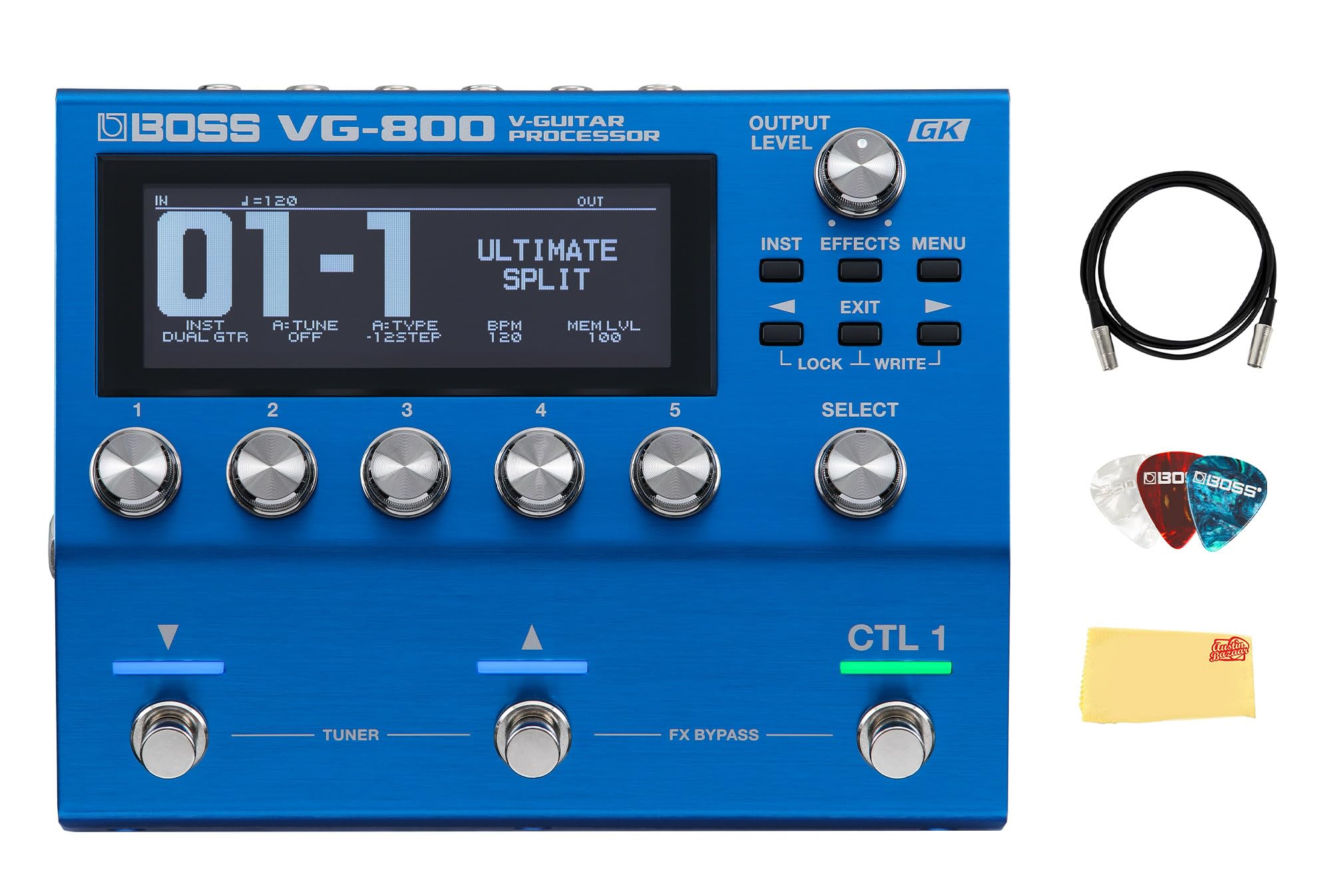 Boss VG-800 V-Guitar Processor Bundle with MIDI Cable, Picks, and Austin Bazaar Polishing Cloth