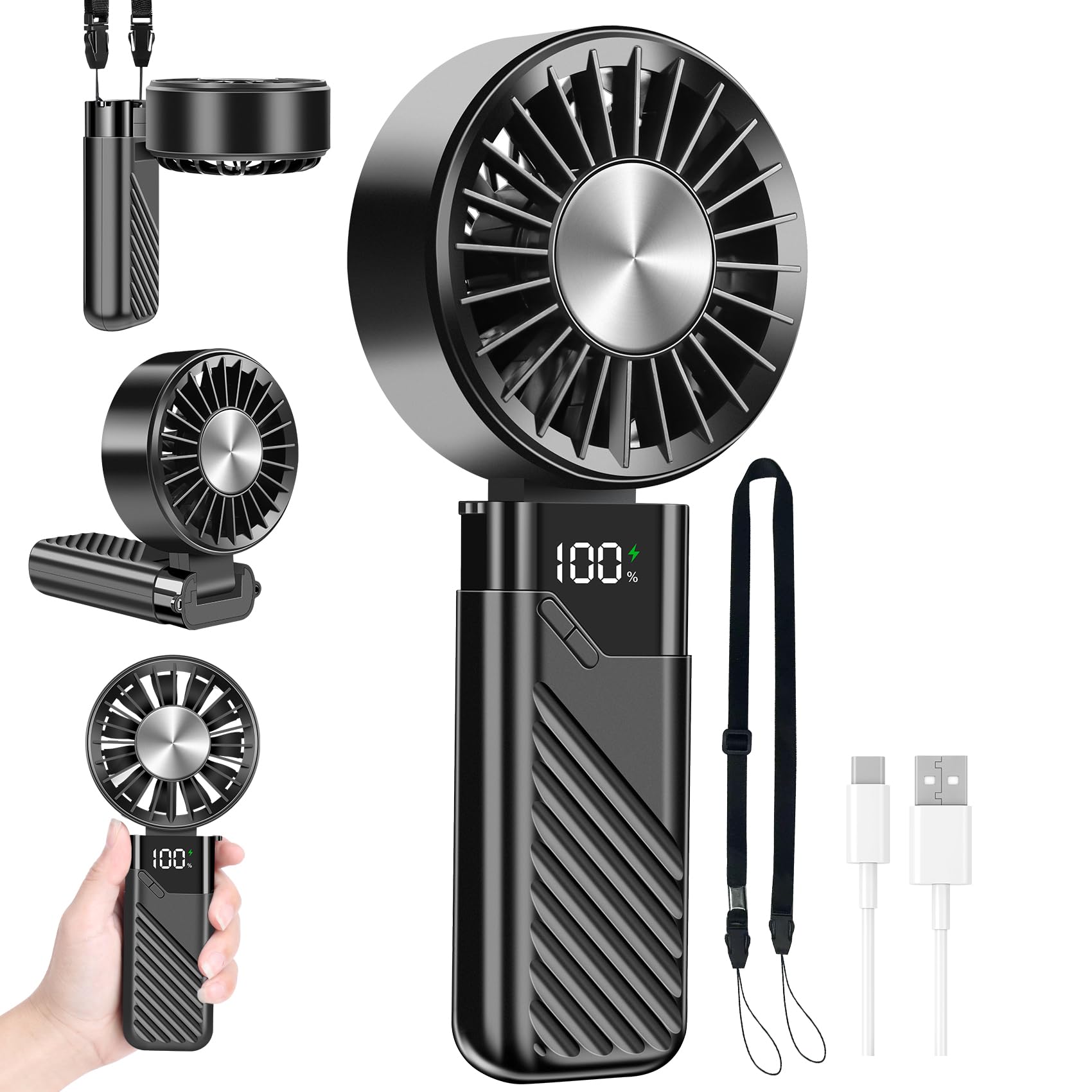 Feebee Ventilateur Portable, Mini Ventilateur à Main USB Petit Ven-tilateur de Rechargeable de Poche 5 Vitesse 4000mAh Extérieur Batterie Hand Fan pour Bureau,Voyages,Maquillage,Camping(Noir)