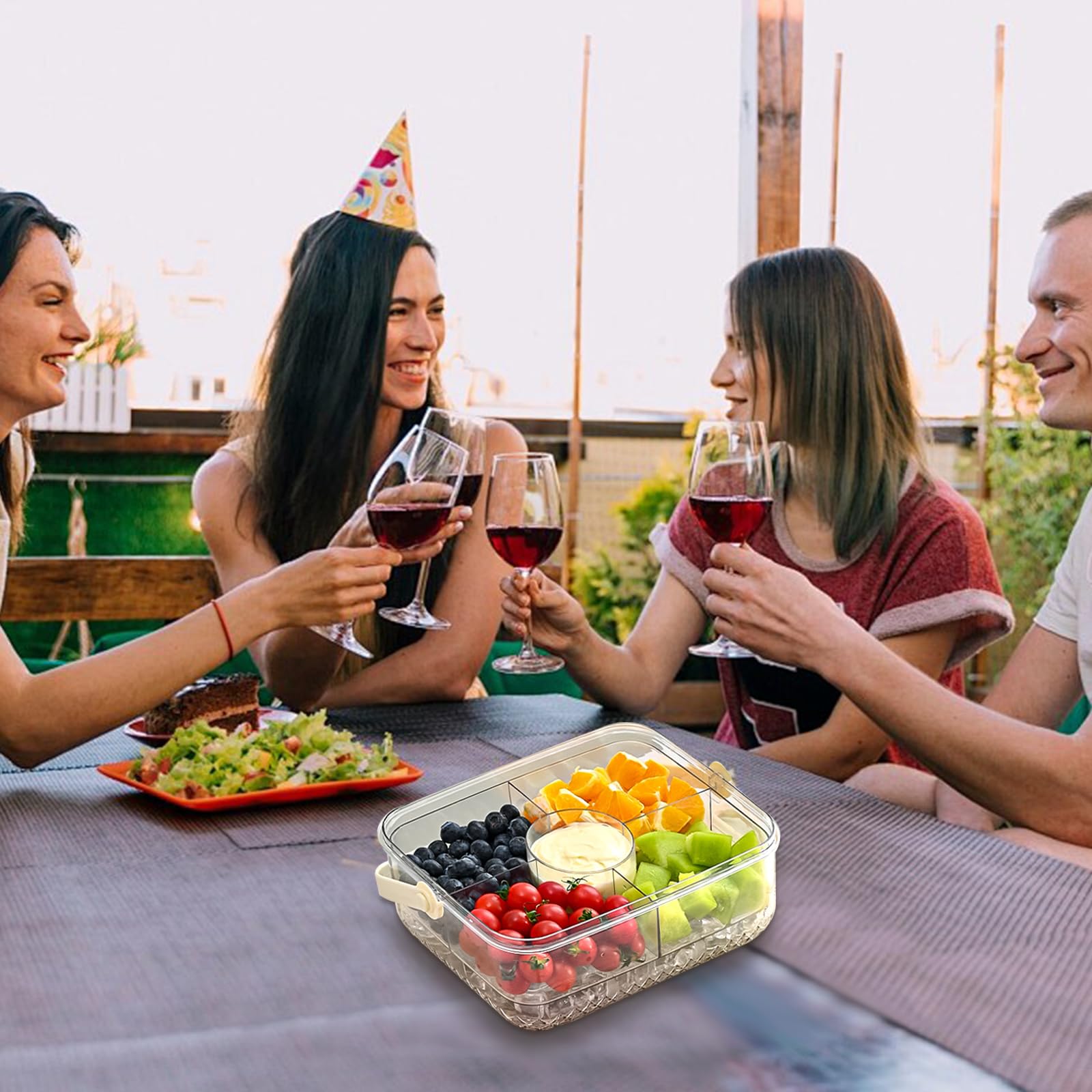Veranstaltungen und Partys im Freien - gekühlte Partyplatte mit Deckel und Dip-Rack - Funktioneller Kühlteller mit 5 Fächern - Perfekt für Obst, Gemüse, Garnelen-Cocktails - Lebensmittel kühl halten