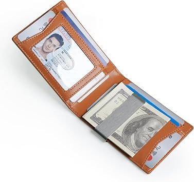 Slim Bifold Wallet for man with Money Clip - RFID Blocking, Multiple Credit Card Pockets - Sleek and Versatile Design - Genuine Leather - Ideal for Cash and Cards (Beige - Brown)