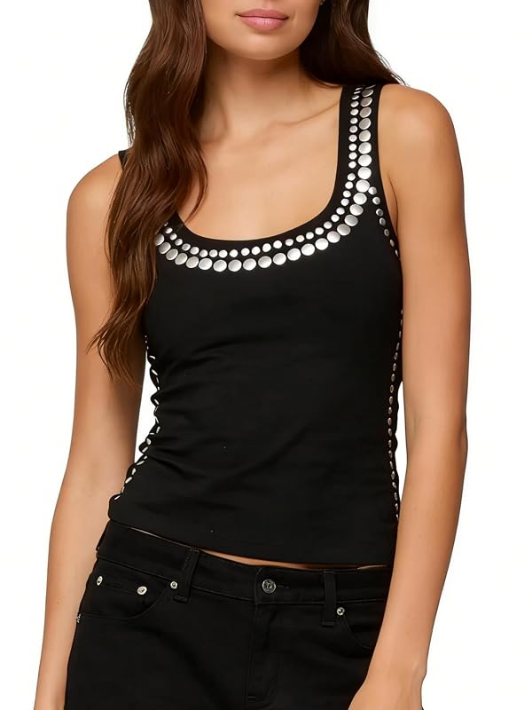 NUFIWI Women Studded Tank Top Silver Rivets Trim Crop Top Sleeveless Sexy Going Out Tops Trendy Streetwear(Basic Black,S) by NUFIWI - Used condition - Image 5