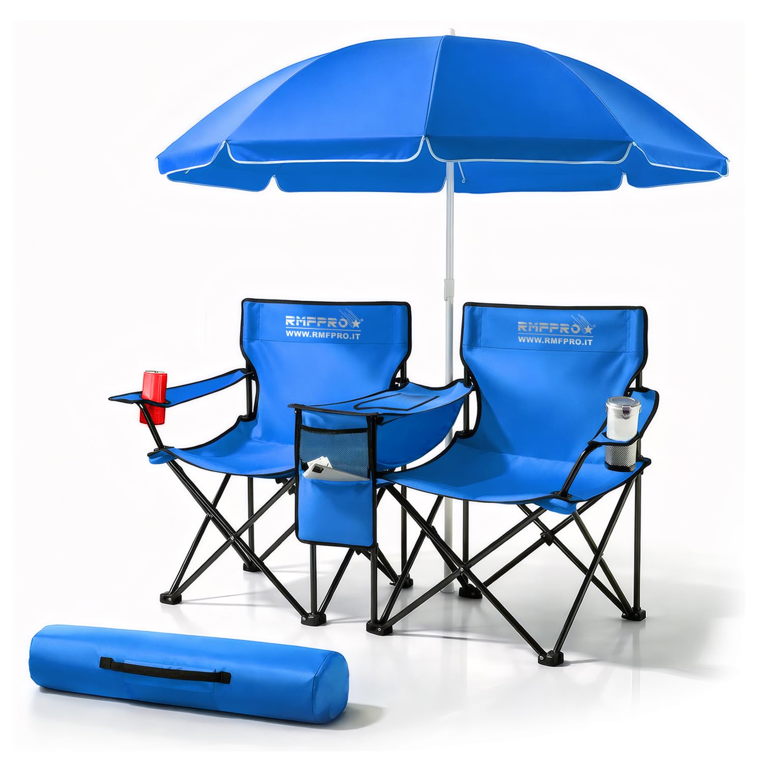 RMF PRO Set con Ombrellone e 2 Sedie da Esterno ideale per Mare o Campeggio, con Borsa Termica Centrale e Portabevende - Ideale anche per Pesca, Struttura in Acciaio con Custodia per Trasporto