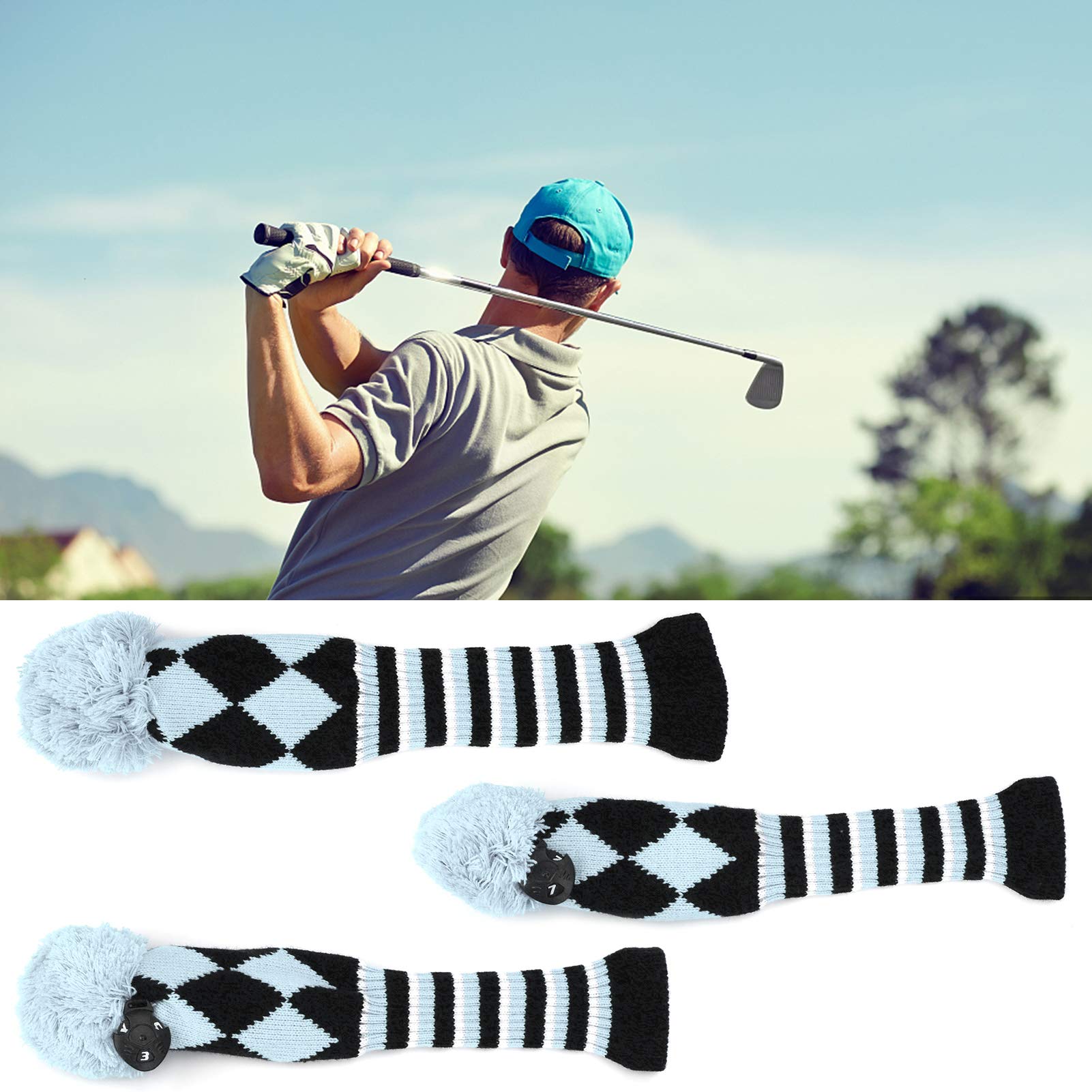 Copricapo da golf, copertura per mazza da golf in maglia per legni Set di 3 Si adatta bene al legno da fairway del driver e ibrido (UT) Il cambiamento perfetto con etichette (Light Blue)