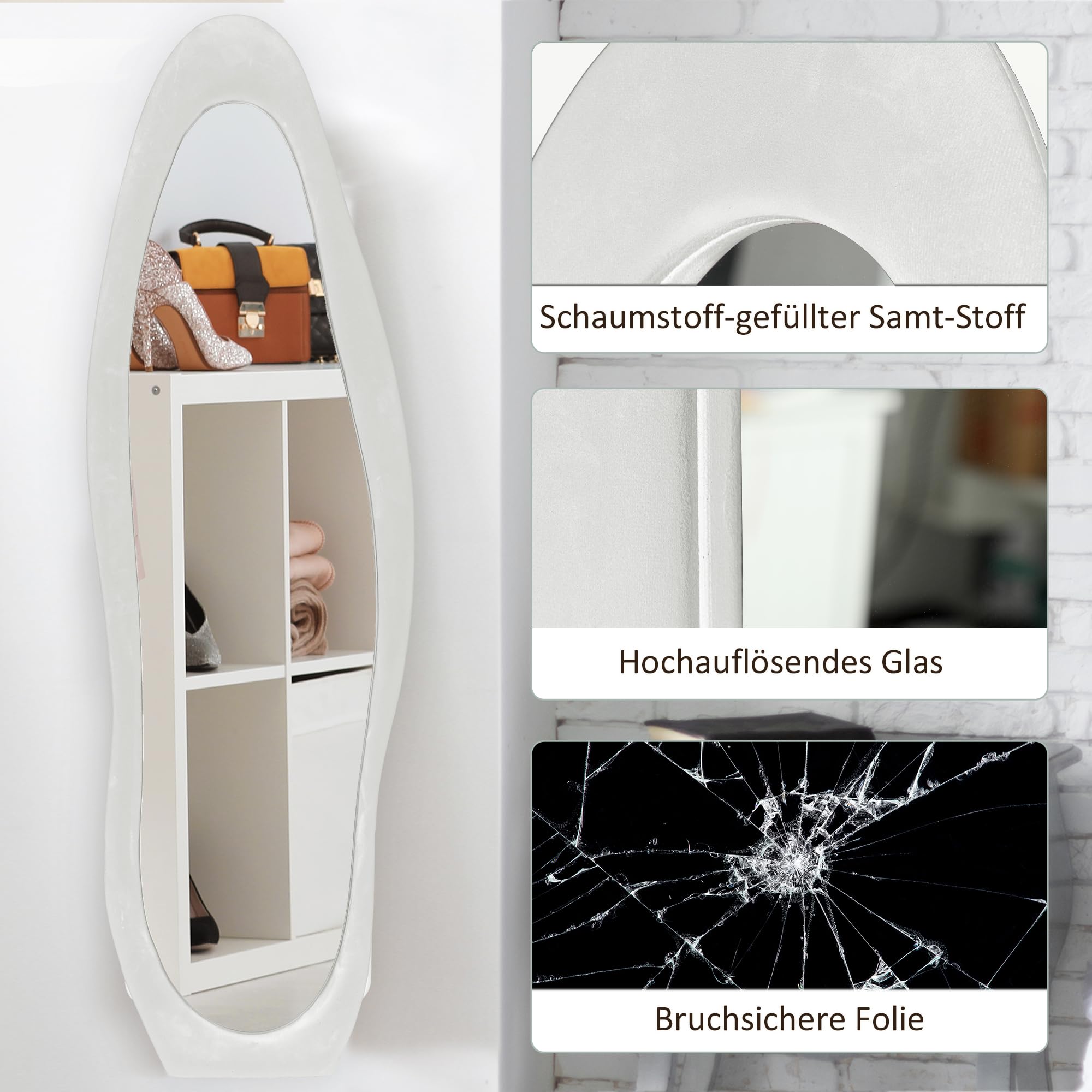 HOMCOM Miroir sur Toute la Longueur, 50 x 160 cm, avec revêtement en Velours, Miroir Mural ondulé irrégulier pour Chambre à Coucher, Salon, Blanc