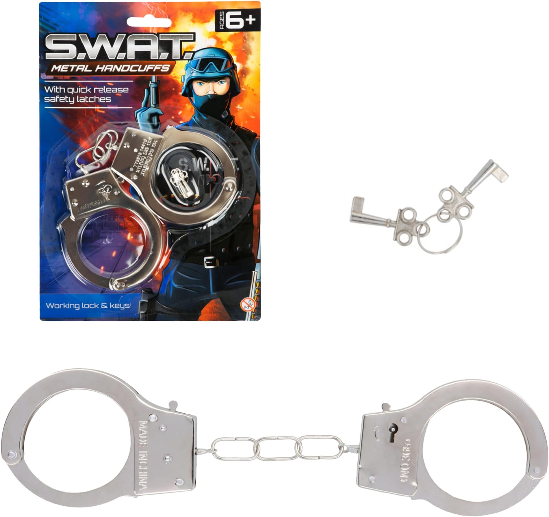 Kids Metal Hand Cuffs, Fancy Dress Police Accessory, SWAT Handcuffs for Pretend Fun Play, Fits Adults and Children