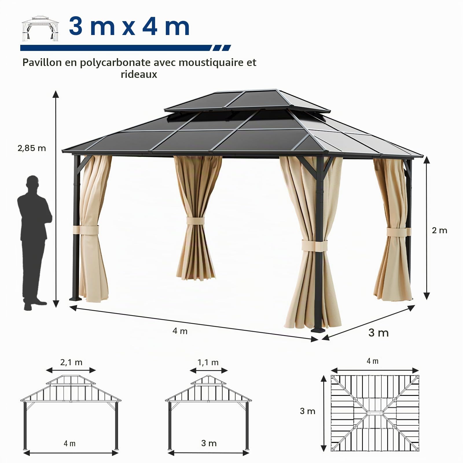 UDPATIO Double Toit Tonnelle de Jardin 3x4m Imperméable - UV Résistant avec Rideaux, Tonnelle Stabilisée pour Jardin, Terrasse (Beige)