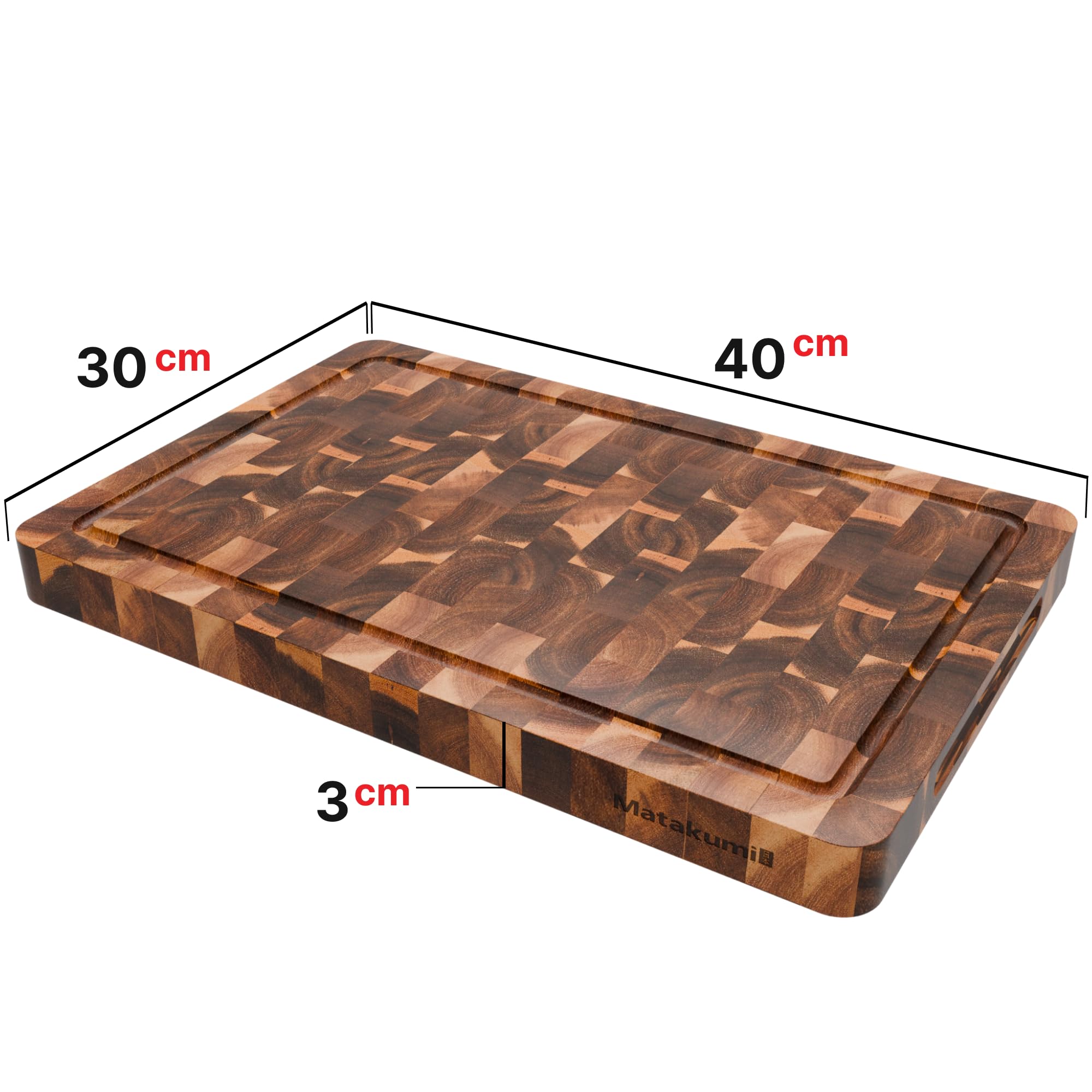 Matakumi Tagliere Legno – Tagliere in Legno di Acacia con Manici Laterali, Scanalatura per Il Succo e Legno di Testa per Mantenere Il Coltello Affilato – A Due Lati (40 x 30 x 3 cm)